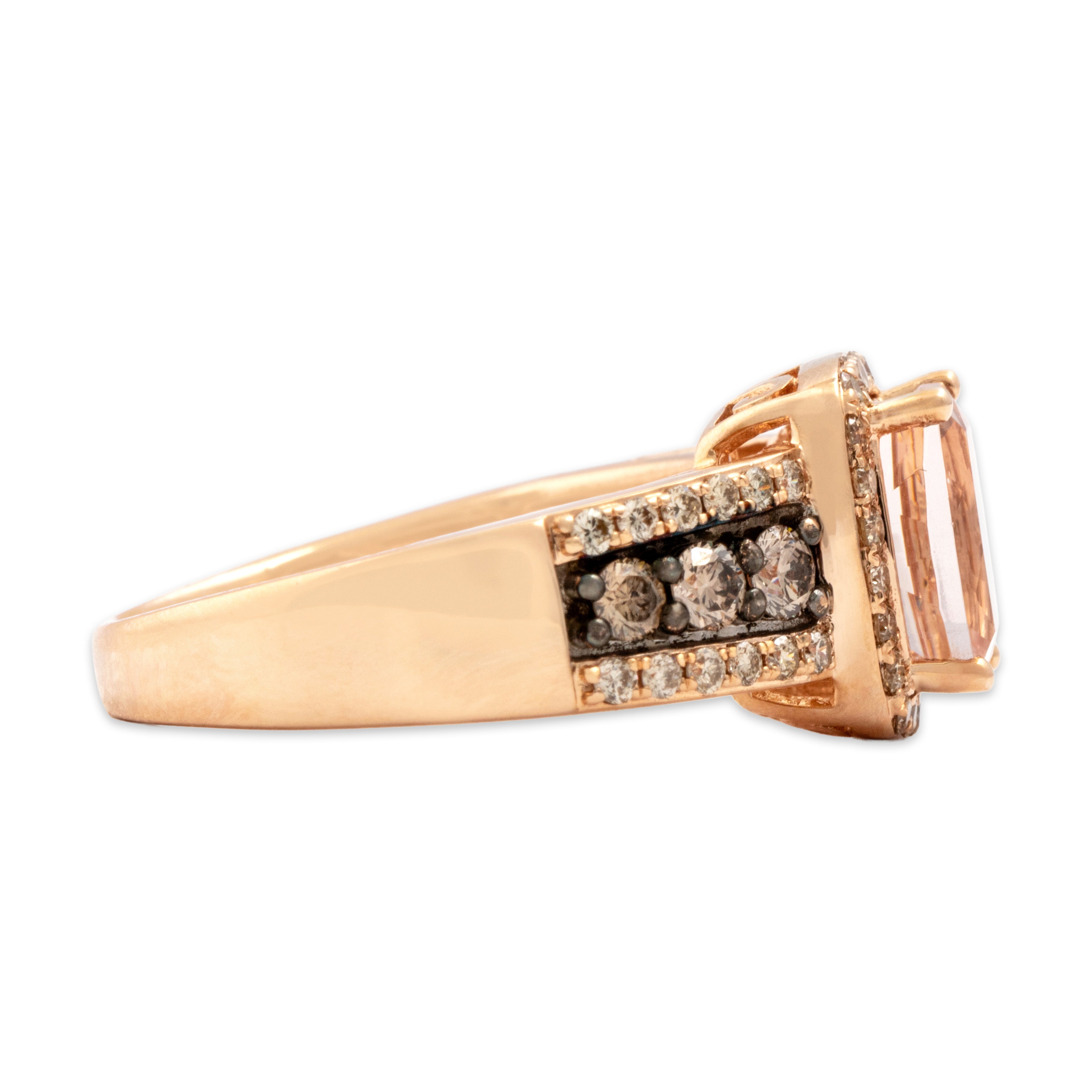 Estate 14k Rose Gold .86ct Morganite .53cttw Champagne Diamond Sparkling Cushion Halo Decorative Shoulder Ring - Side view