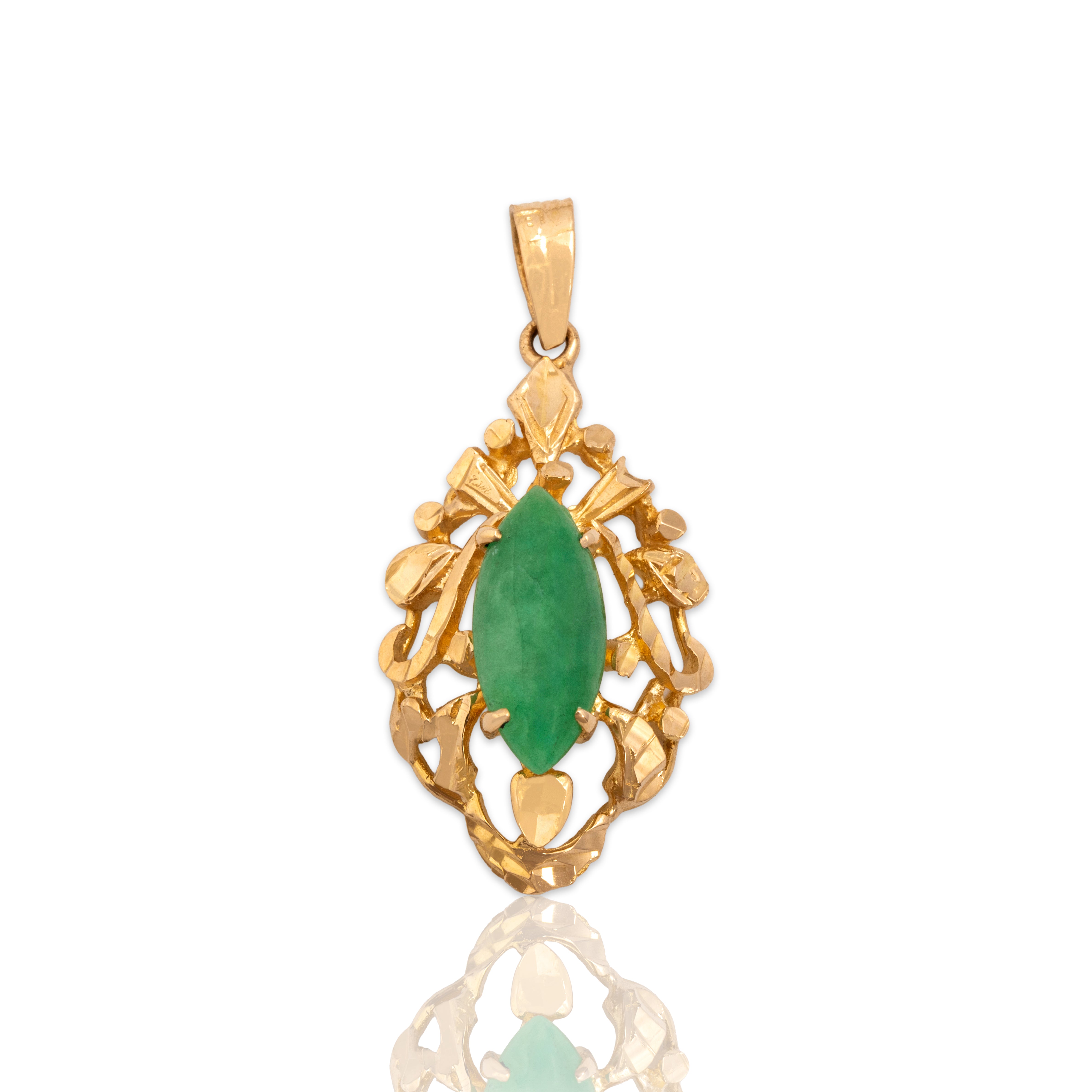 Vintage 18k Yellow Gold Jade Scrolling Navette Openwork Pendant - Close-up view