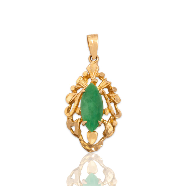 Vintage 18k Rosy Yellow Gold 1.71ct Jade Scrolling Navette Openwork Pendant