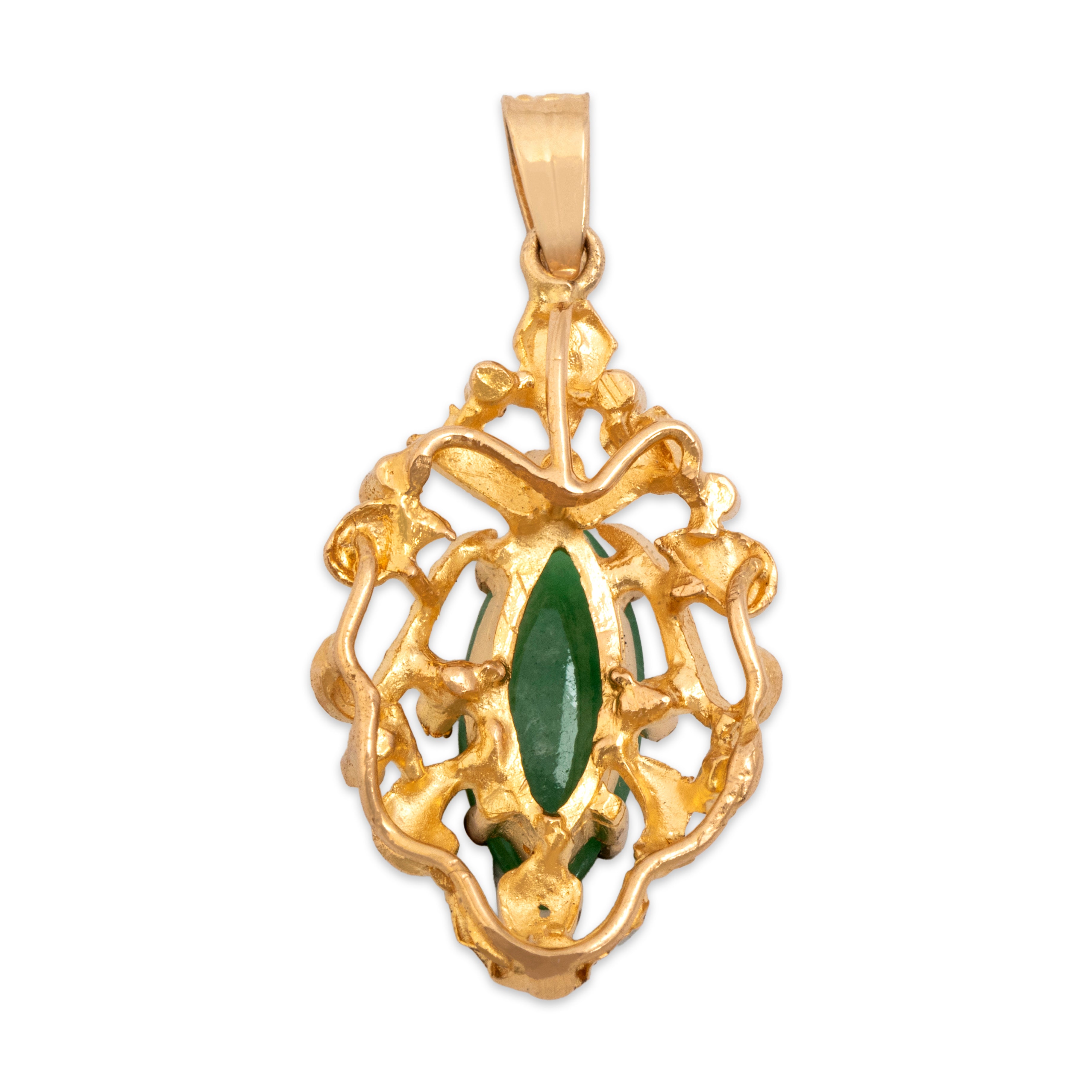 Vintage 18k Yellow Gold Jade Scrolling Navette Openwork Pendant - Back view