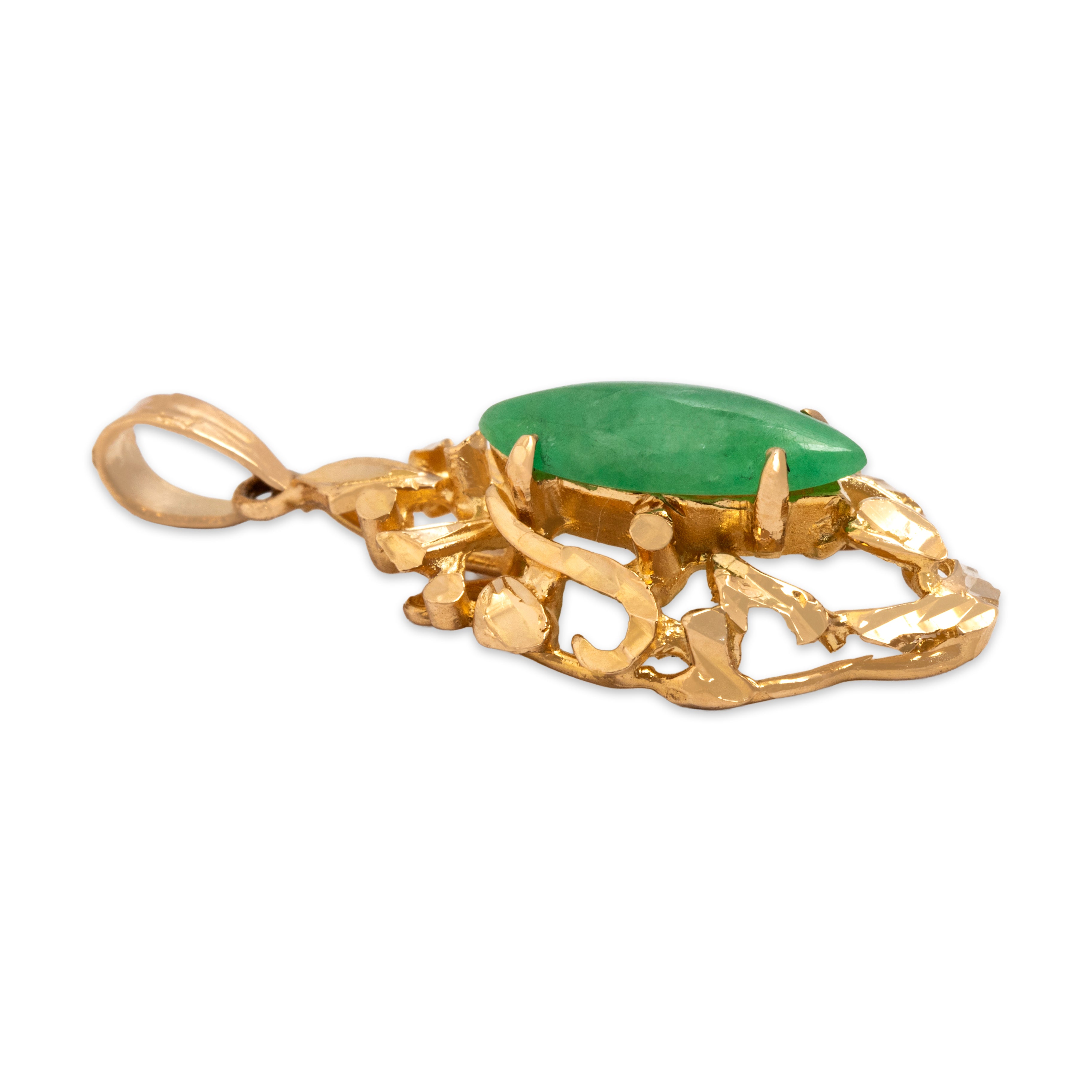 Vintage 18k Yellow Gold Jade Scrolling Navette Openwork Pendant - Side view