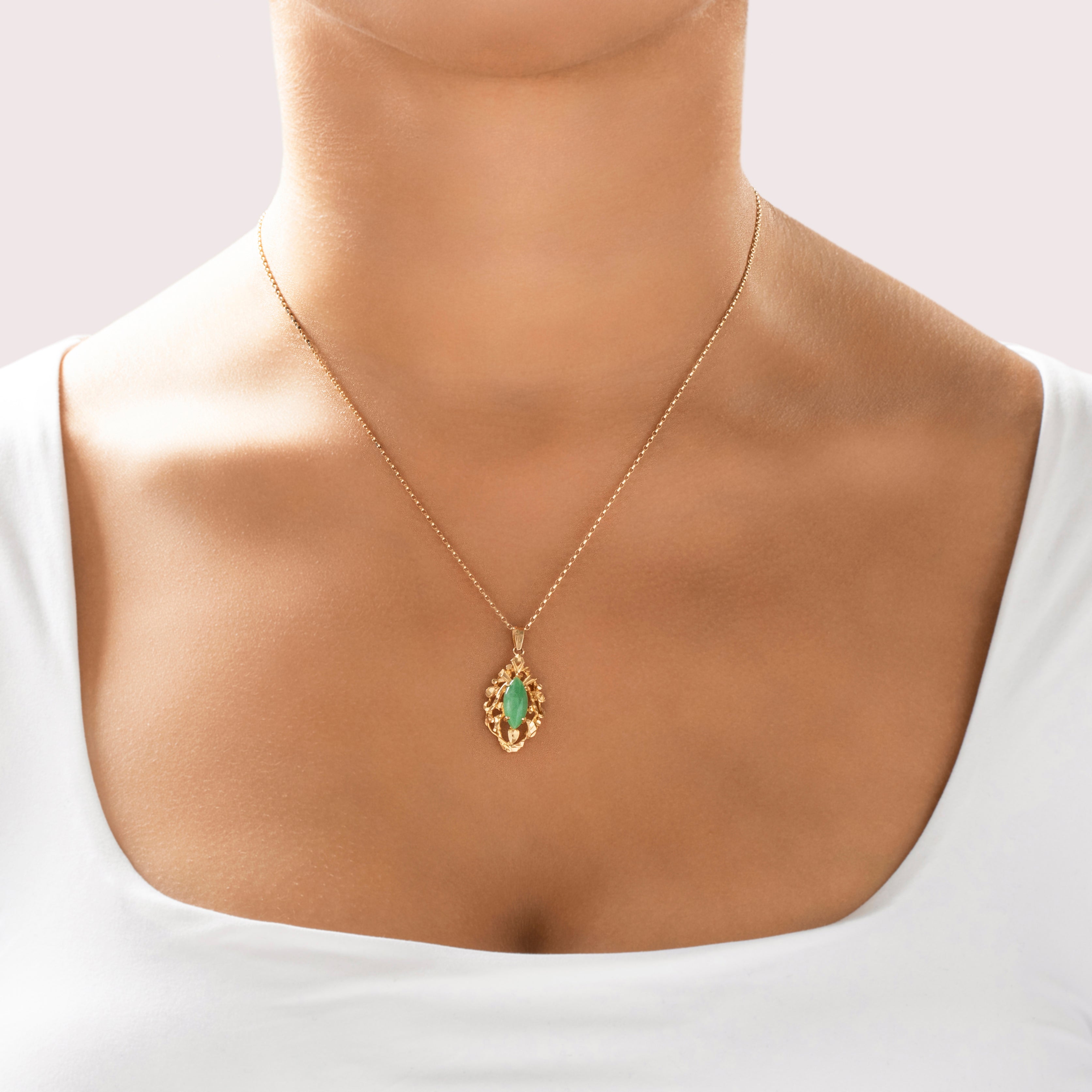 Vintage 18k Yellow Gold Jade Scrolling Navette Openwork Pendant - On model view