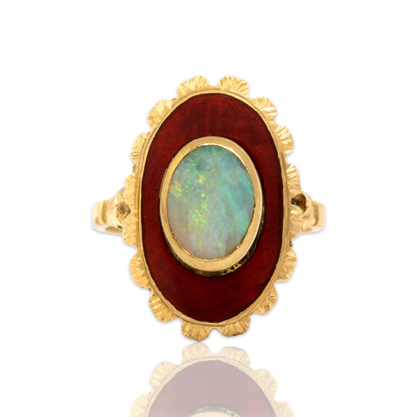 Vintage 18k Yellow Gold 1.1ct Opal Enamel Textured Foliate Frame Ring 4.25