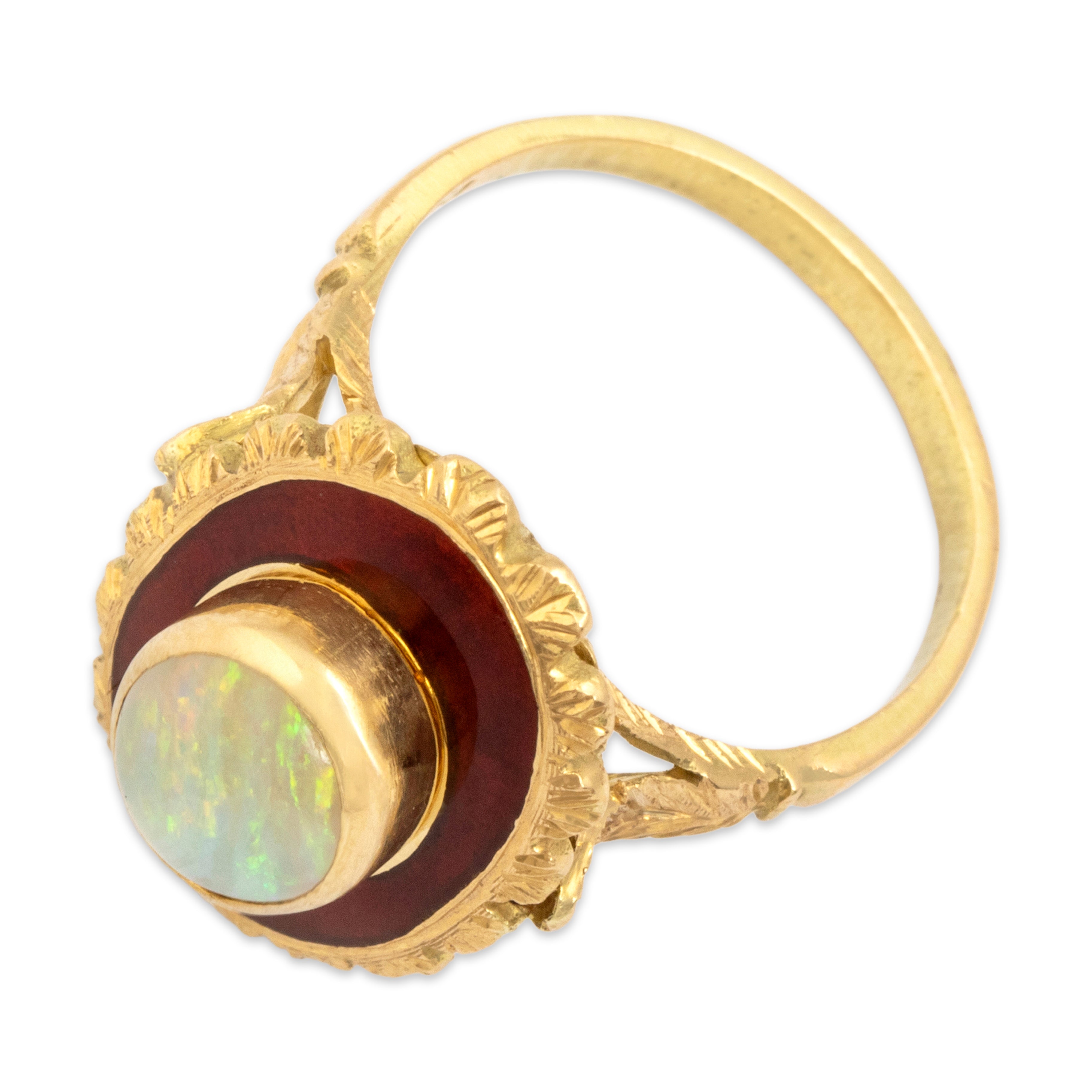Vintage 18k Yellow Gold 1.1ct Opal Enamel Textured Foliate Frame Ring - Overall view