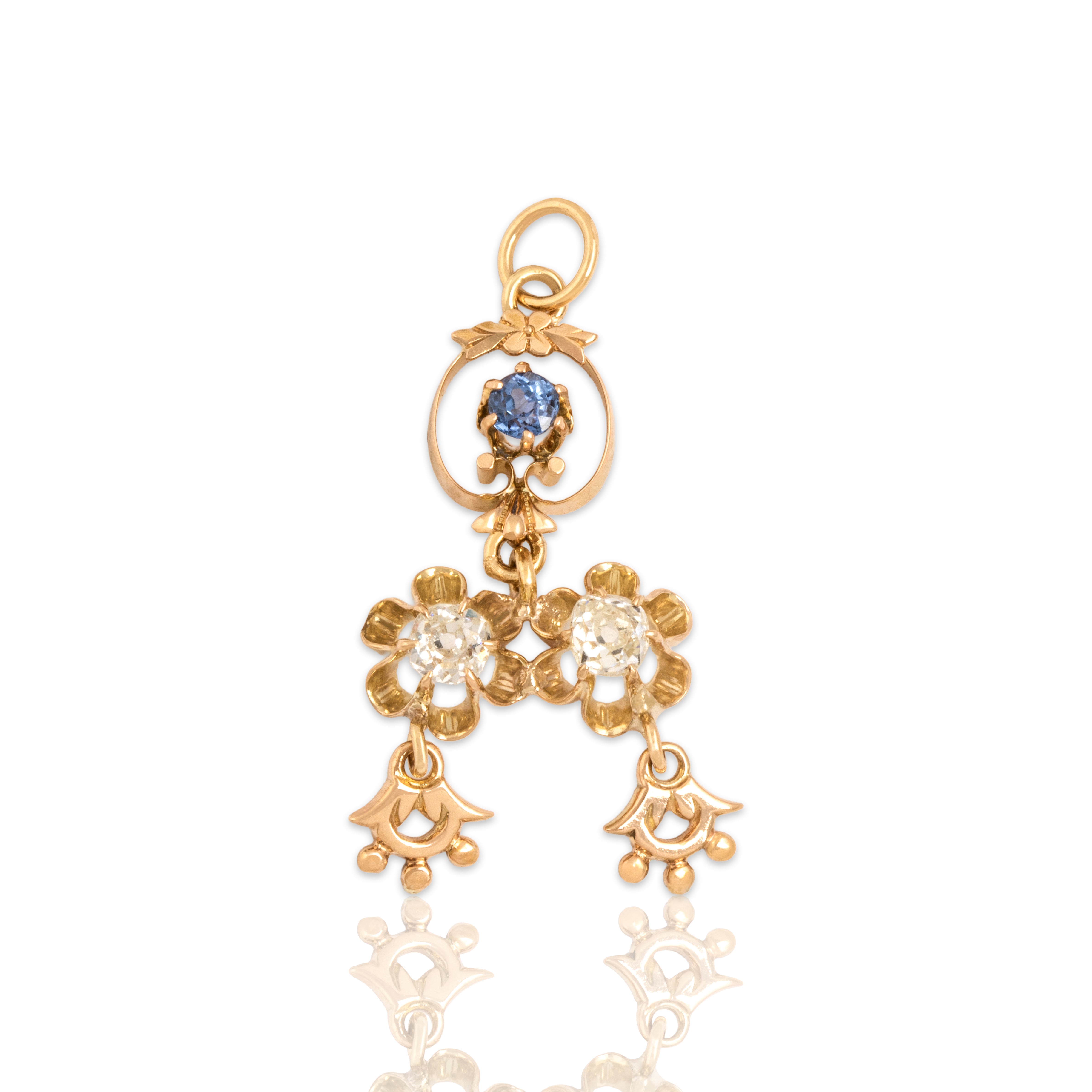 Antique Edwardian 10k Yellow Gold & 14k Rosy Yellow Gold Old Mine Cut Diamond Blue Sapphire Decorative Tiered Botanical Dangle Pendant - Close-up view