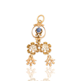 Antique 10k Yellow Gold & 14k Rosy Yellow Gold Old Mine Diamond Blue Sapphire Pendant