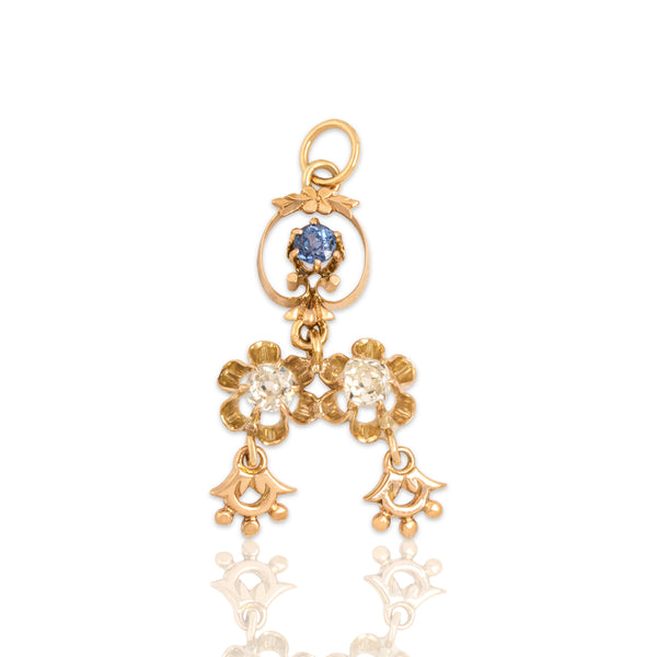 Antique 10k Yellow Gold & 14k Rosy Yellow Gold Old Mine Diamond Blue Sapphire Pendant