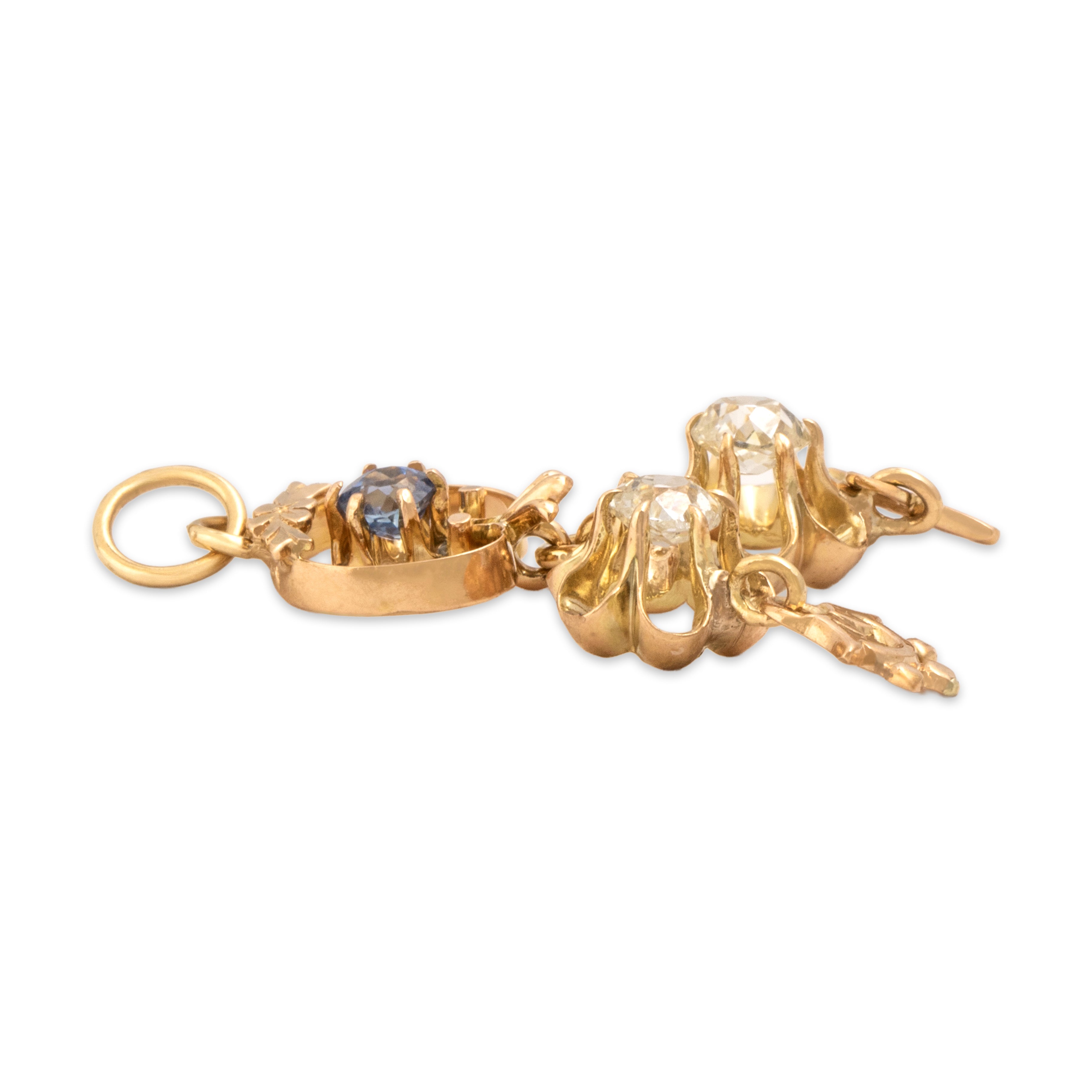 Antique Edwardian 10k Yellow Gold & 14k Rosy Yellow Gold Old Mine Cut Diamond Blue Sapphire Decorative Tiered Botanical Dangle Pendant - Side view
