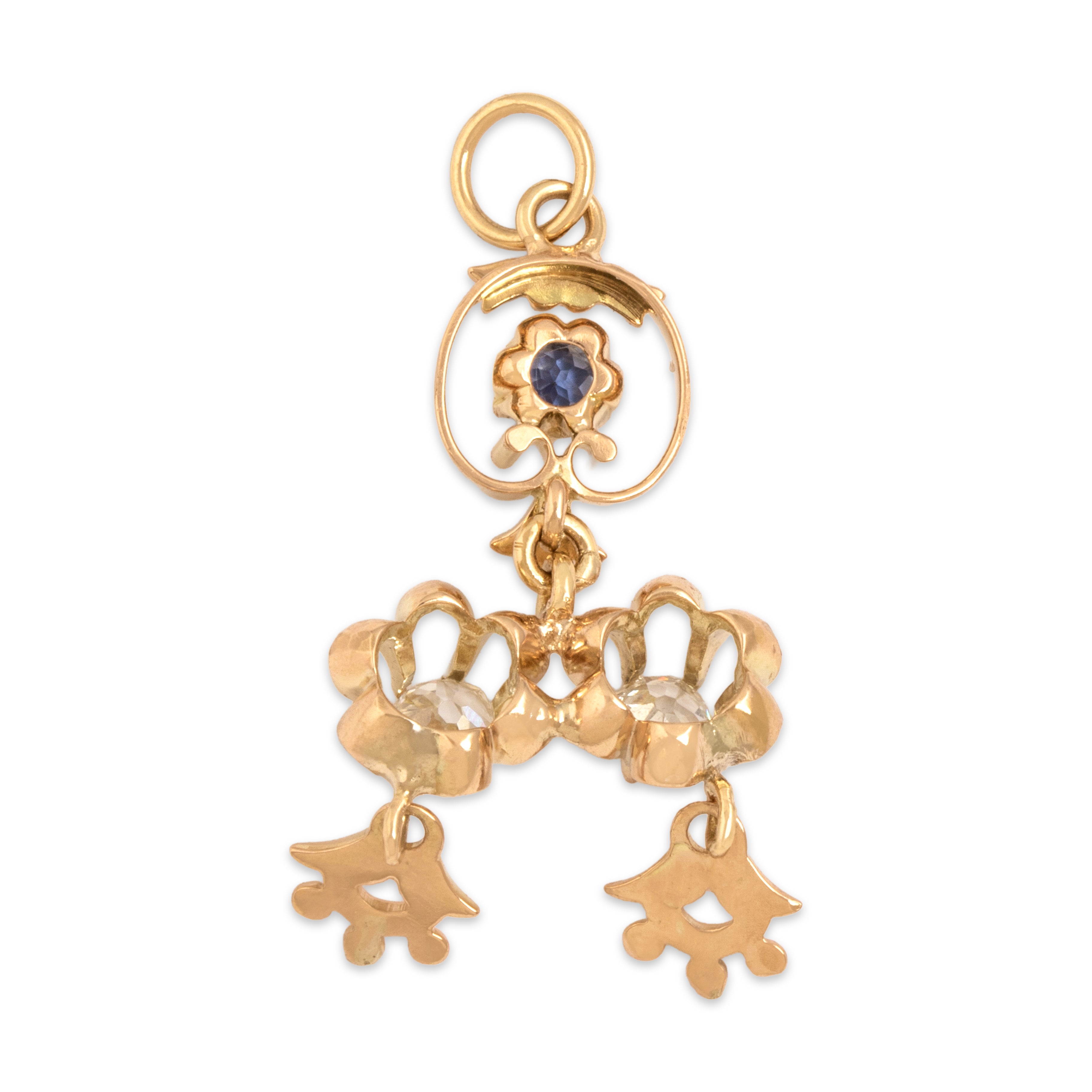 Antique Edwardian 10k Yellow Gold & 14k Rosy Yellow Gold Old Mine Cut Diamond Blue Sapphire Decorative Tiered Botanical Dangle Pendant - Back view