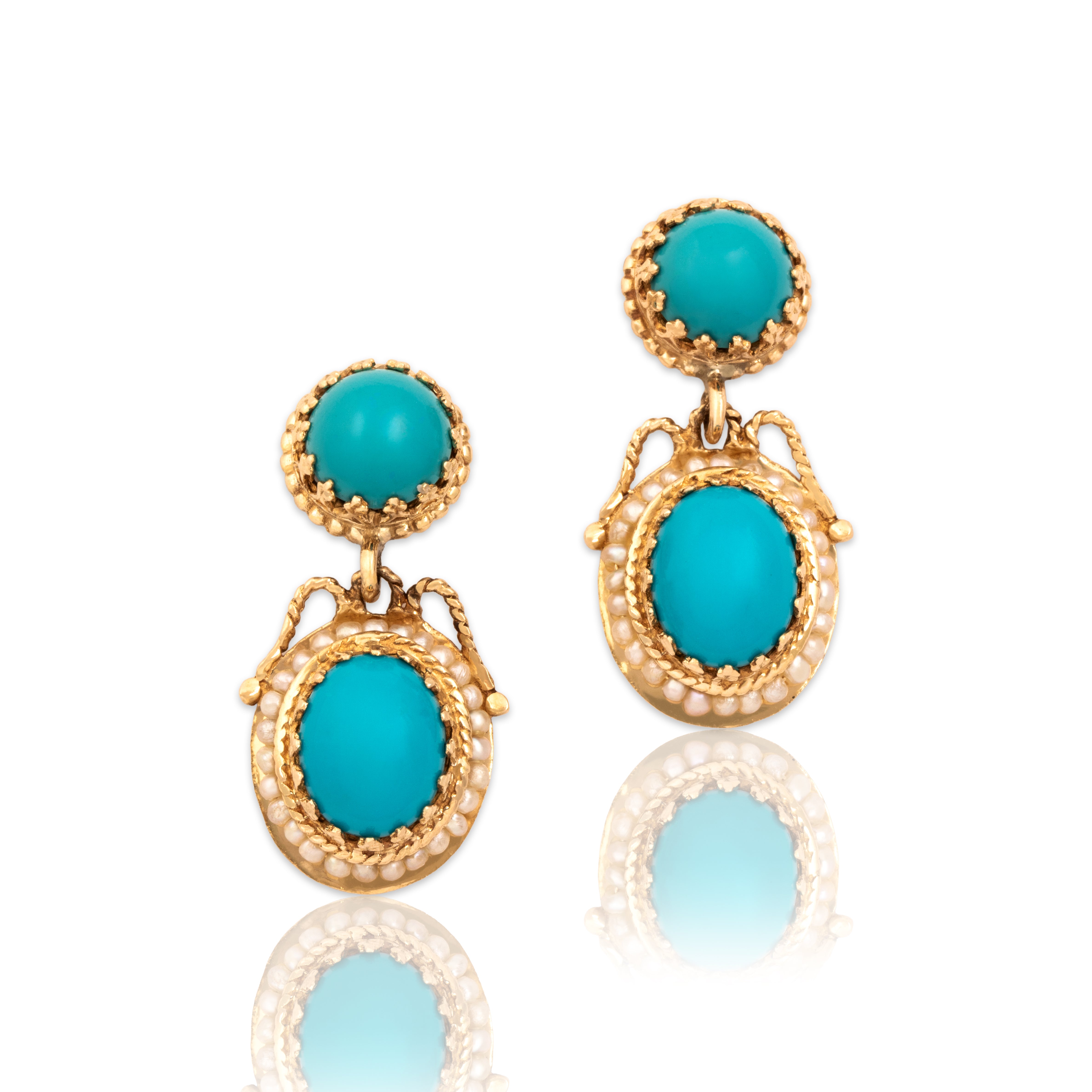 Vintage 14k Yellow Gold 8.01cttw Turquoise Seed Pearl Lovely Ornate Cabled Dangle Earrings - Close-up view