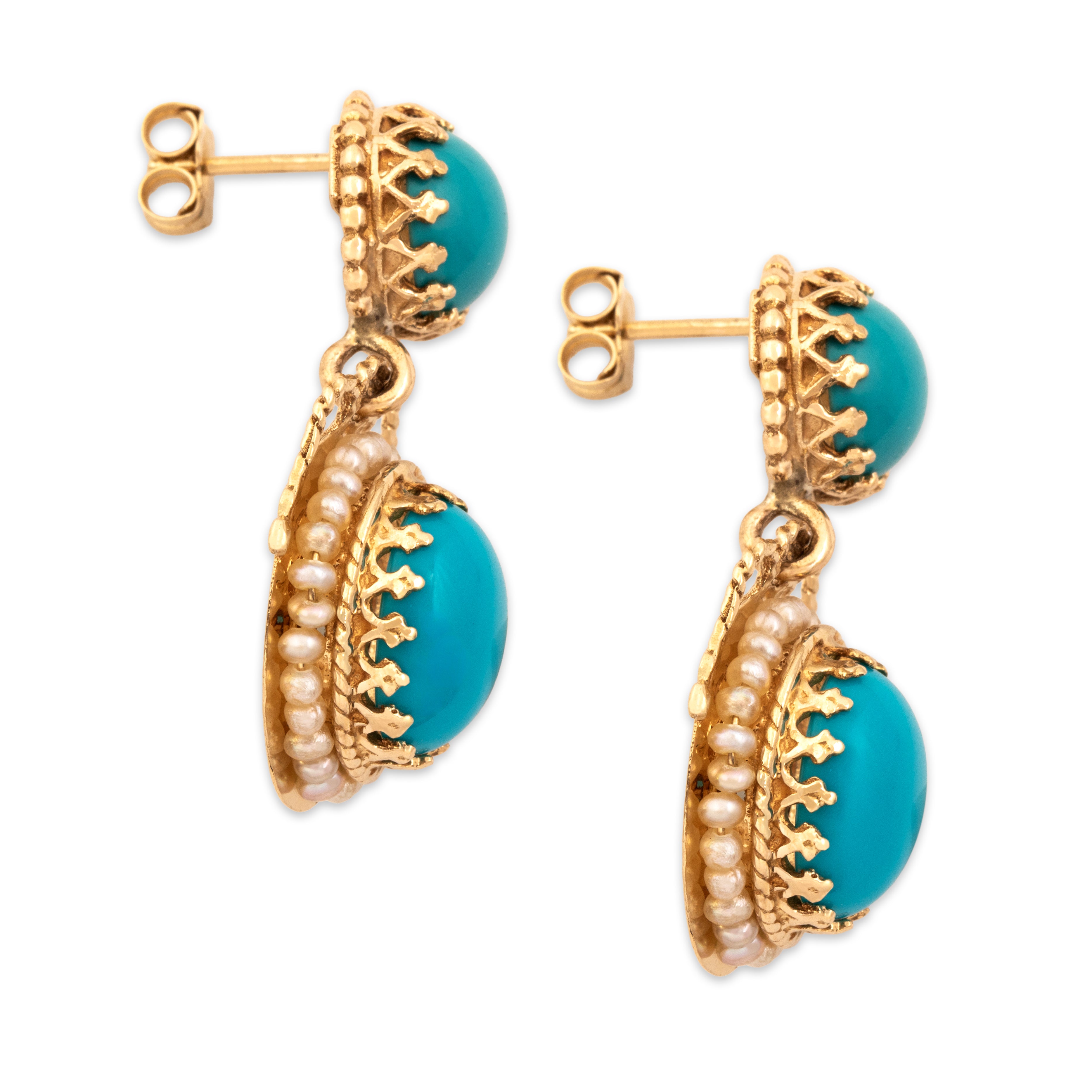 Vintage 14k Yellow Gold 8.01cttw Turquoise Seed Pearl Lovely Ornate Cabled Dangle Earrings - Side view