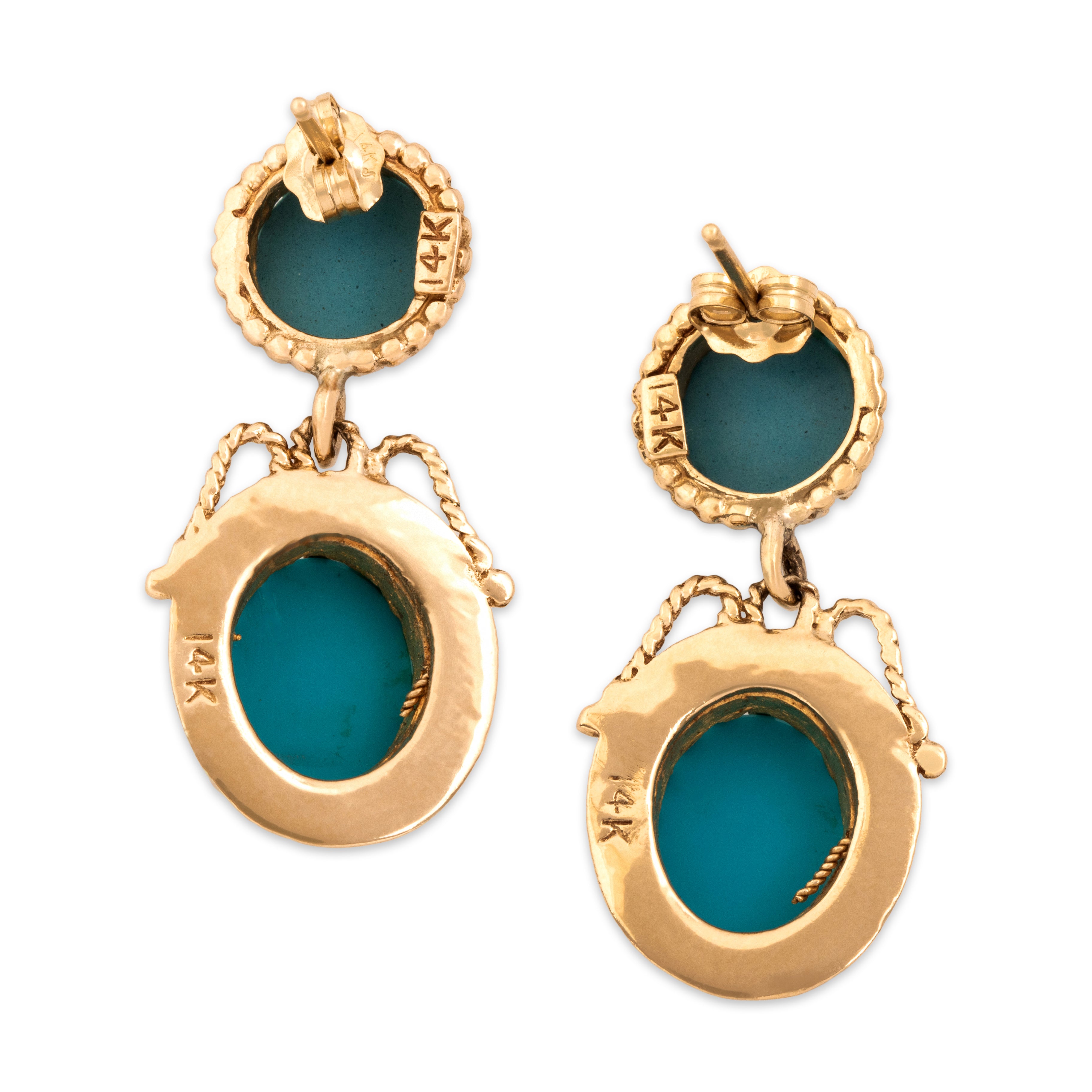 Vintage 14k Yellow Gold 8.01cttw Turquoise Seed Pearl Lovely Ornate Cabled Dangle Earrings - Back view