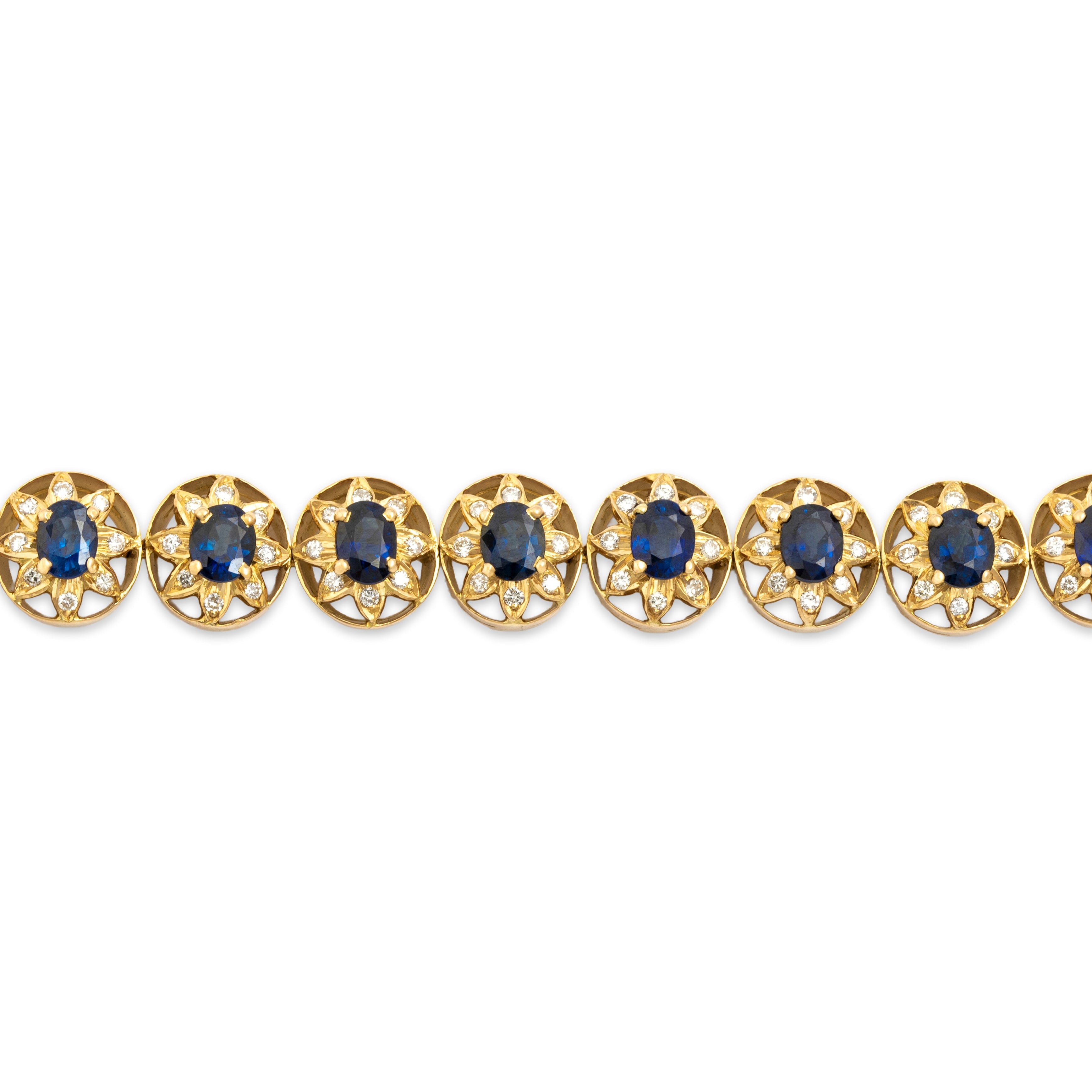 Vintage 18k Yellow Gold 7.87cttw Blue Sapphire Diamond Superb Starflower Bracelet 6.75