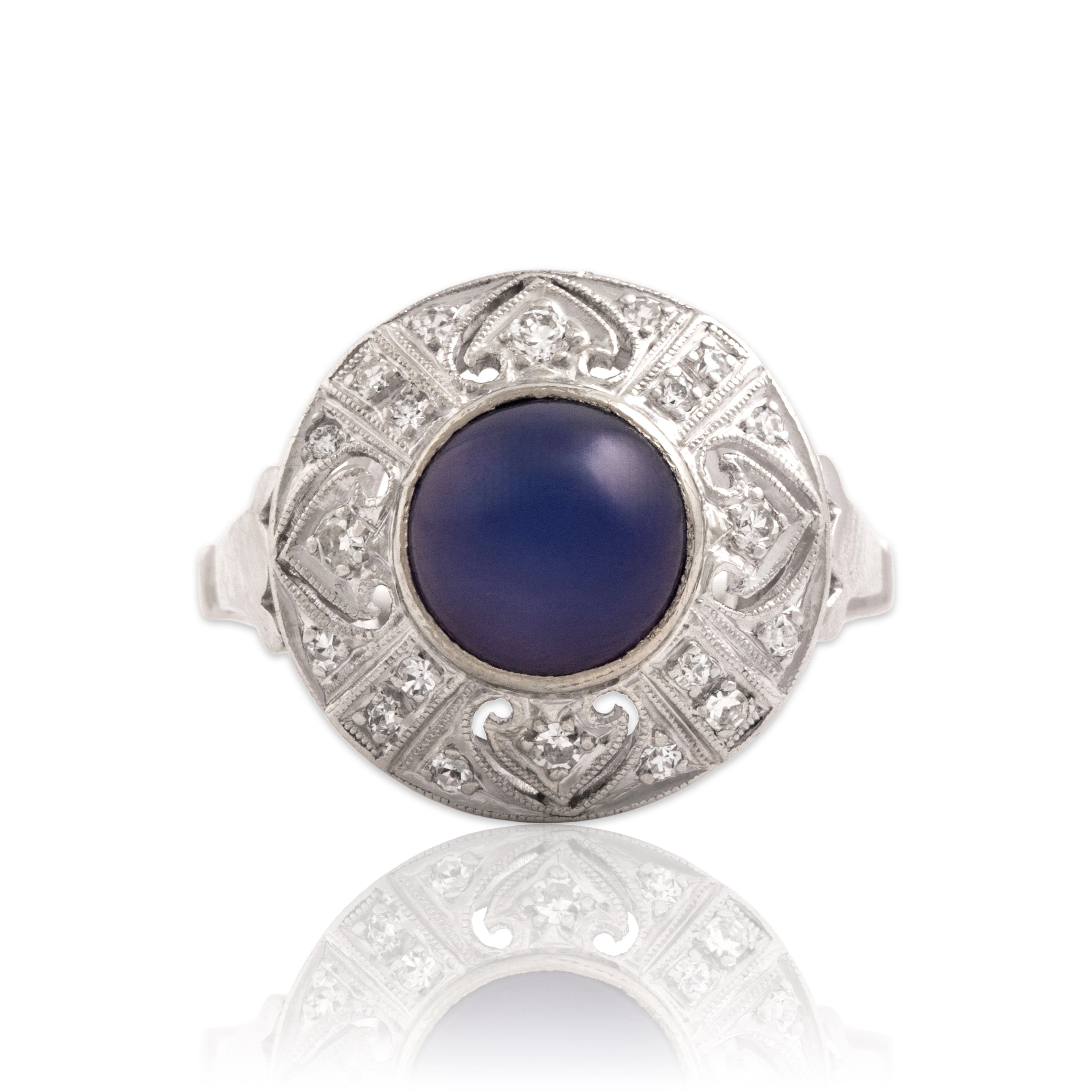 Vintage Platinum 2.83ct Synthetic Blue Star Sapphire Natural Diamond Disc Ring 6.75