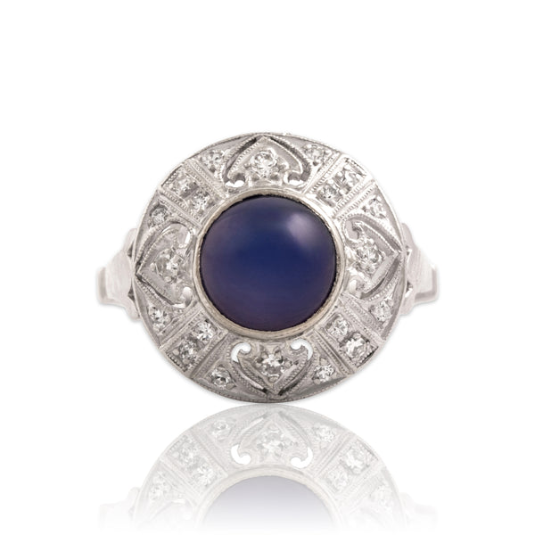 Vintage Platinum 2.83ct Synthetic Blue Star Sapphire Natural Diamond Disc Ring 6.75