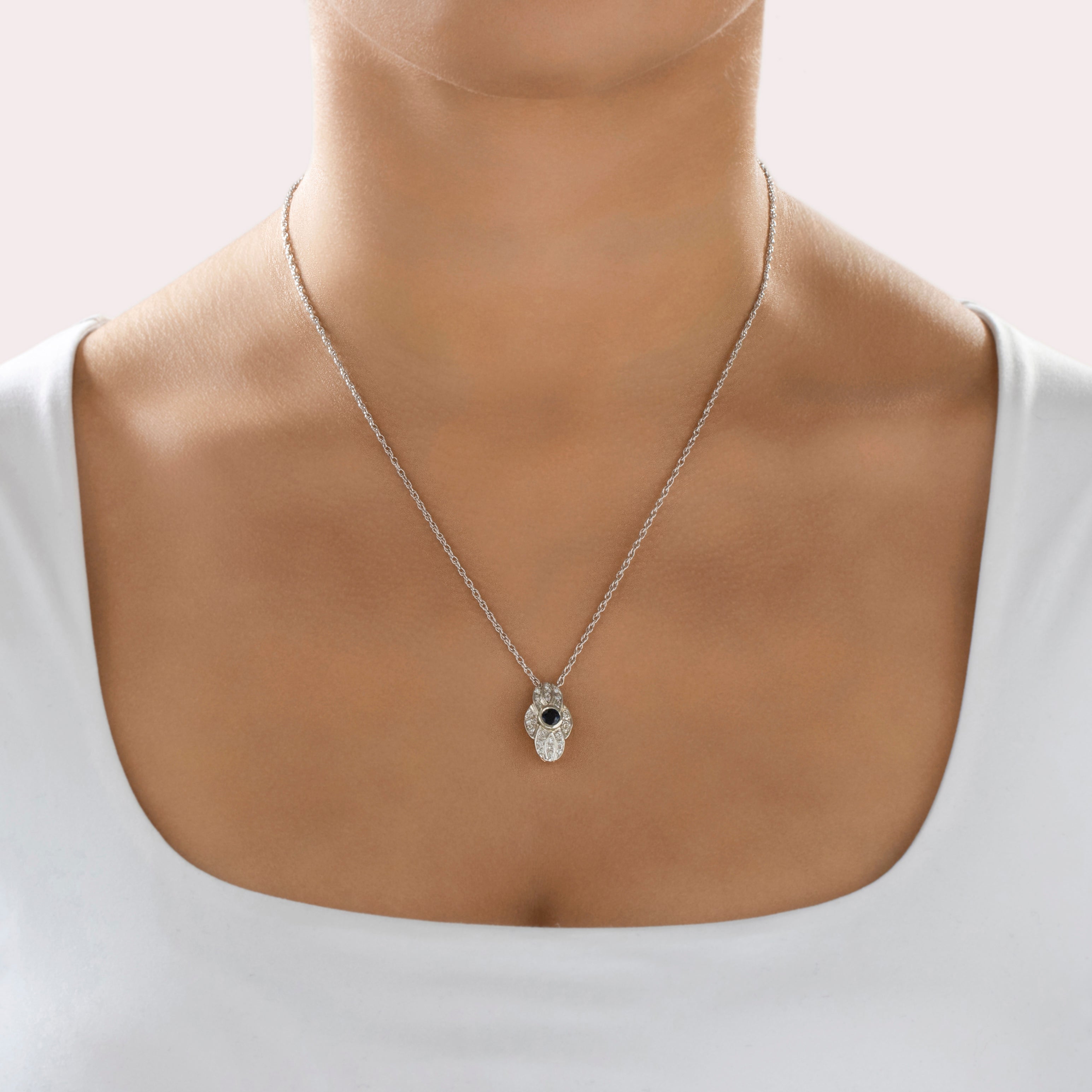 Vintage 14k White & Yellow Gold Blue Sapphire Diamond Fantastic Detailed Sparkling Geometric Pendant - On model view