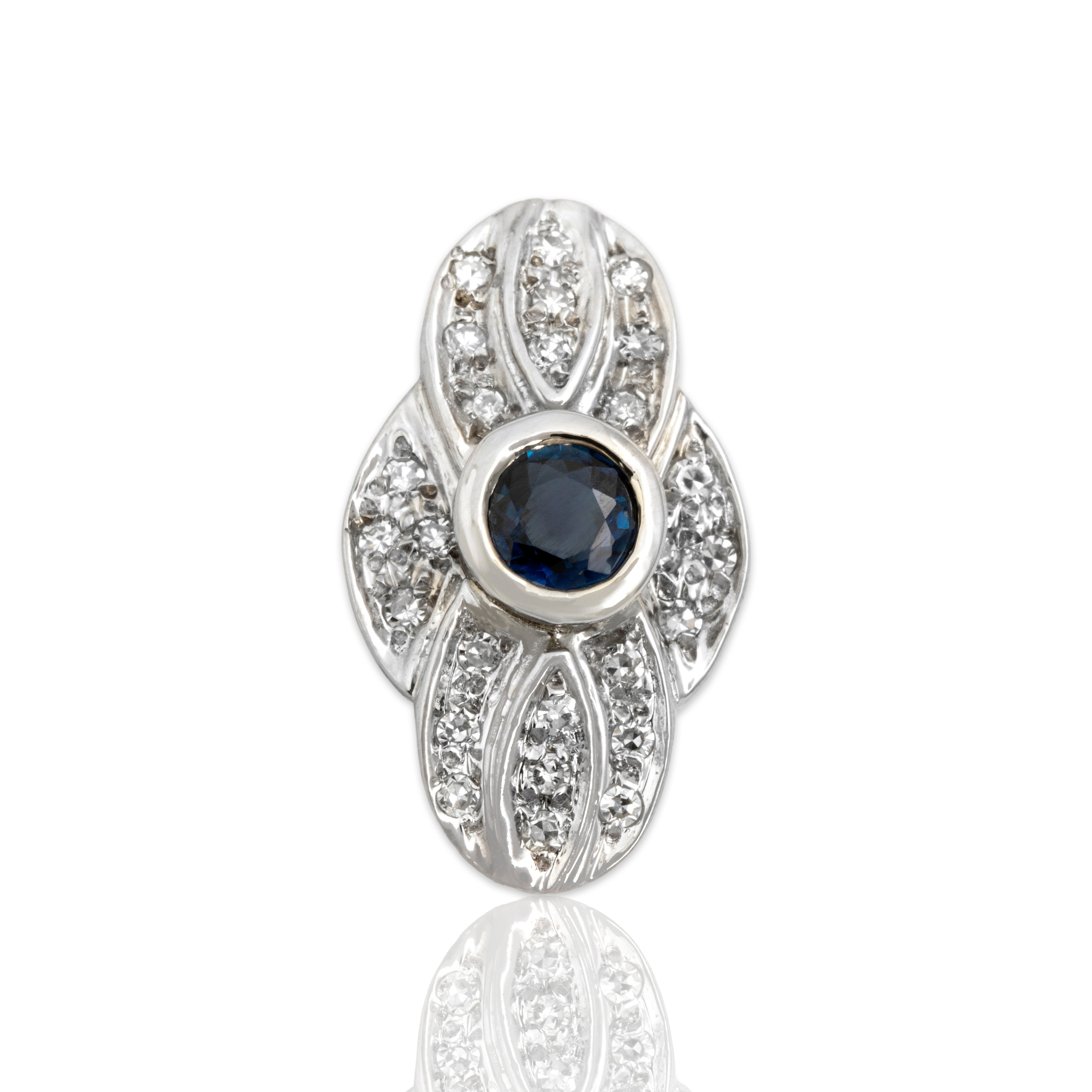 Vintage 14k White & Yellow Gold Blue Sapphire Diamond Fantastic Detailed Sparkling Geometric Pendant - Close-up view