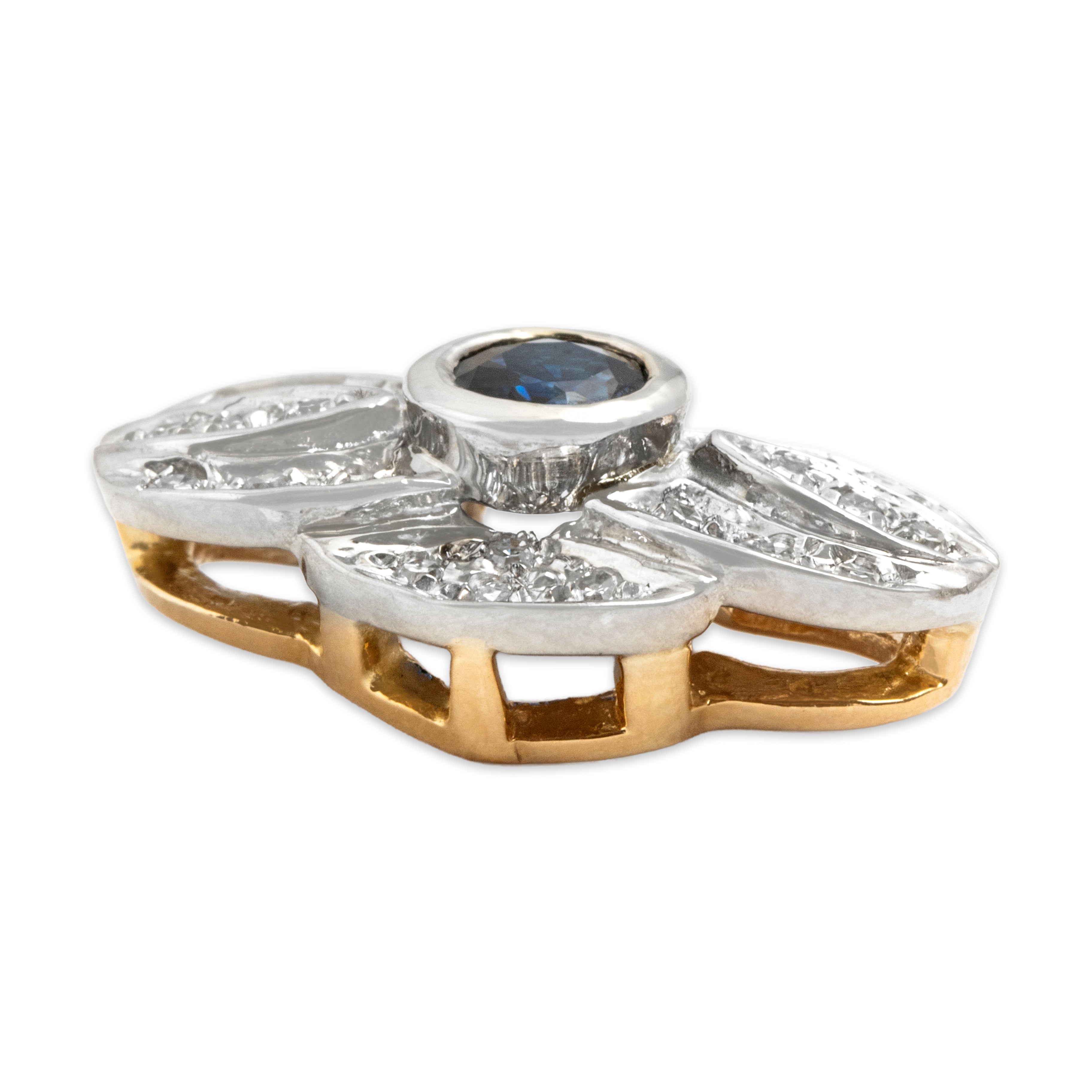 Vintage 14k White & Yellow Gold Blue Sapphire Diamond Fantastic Detailed Sparkling Geometric Pendant - Side view