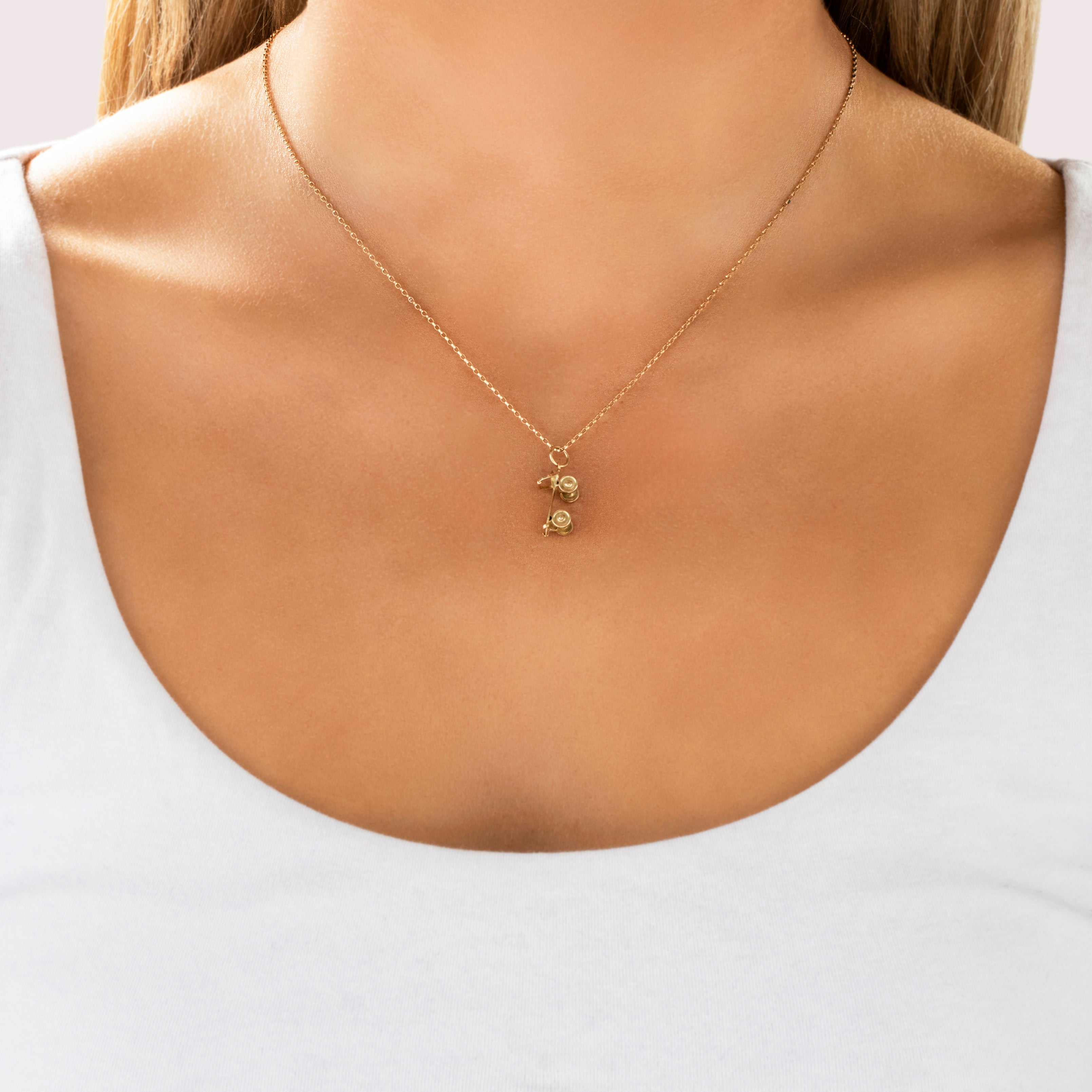 Vintage 14k Yellow Gold Articulating Roller Skate Charm / Pendant - On model view