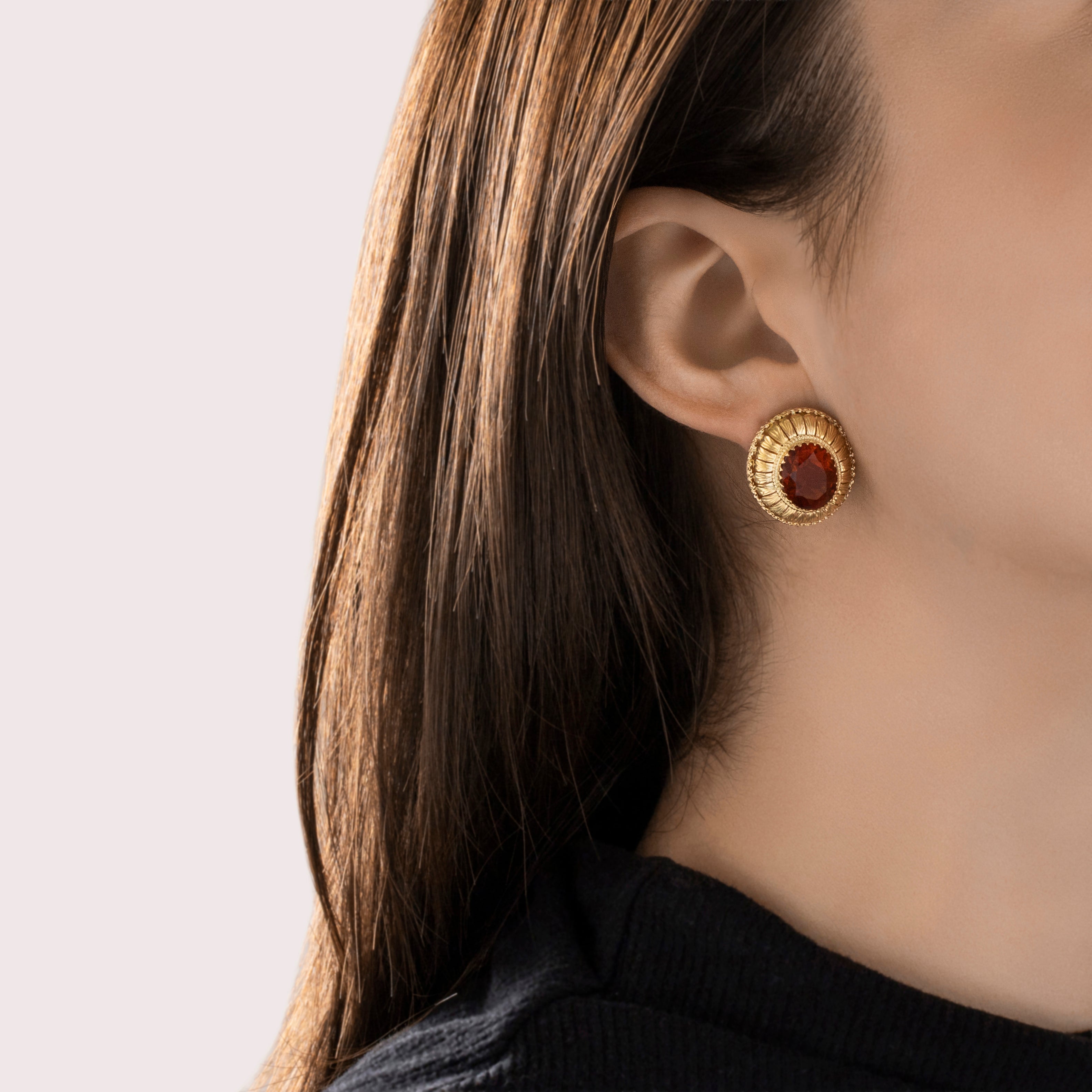 Vintage Large 14k Yellow Gold Amber Oval Foliated Pattern Stud Earrings - On model view