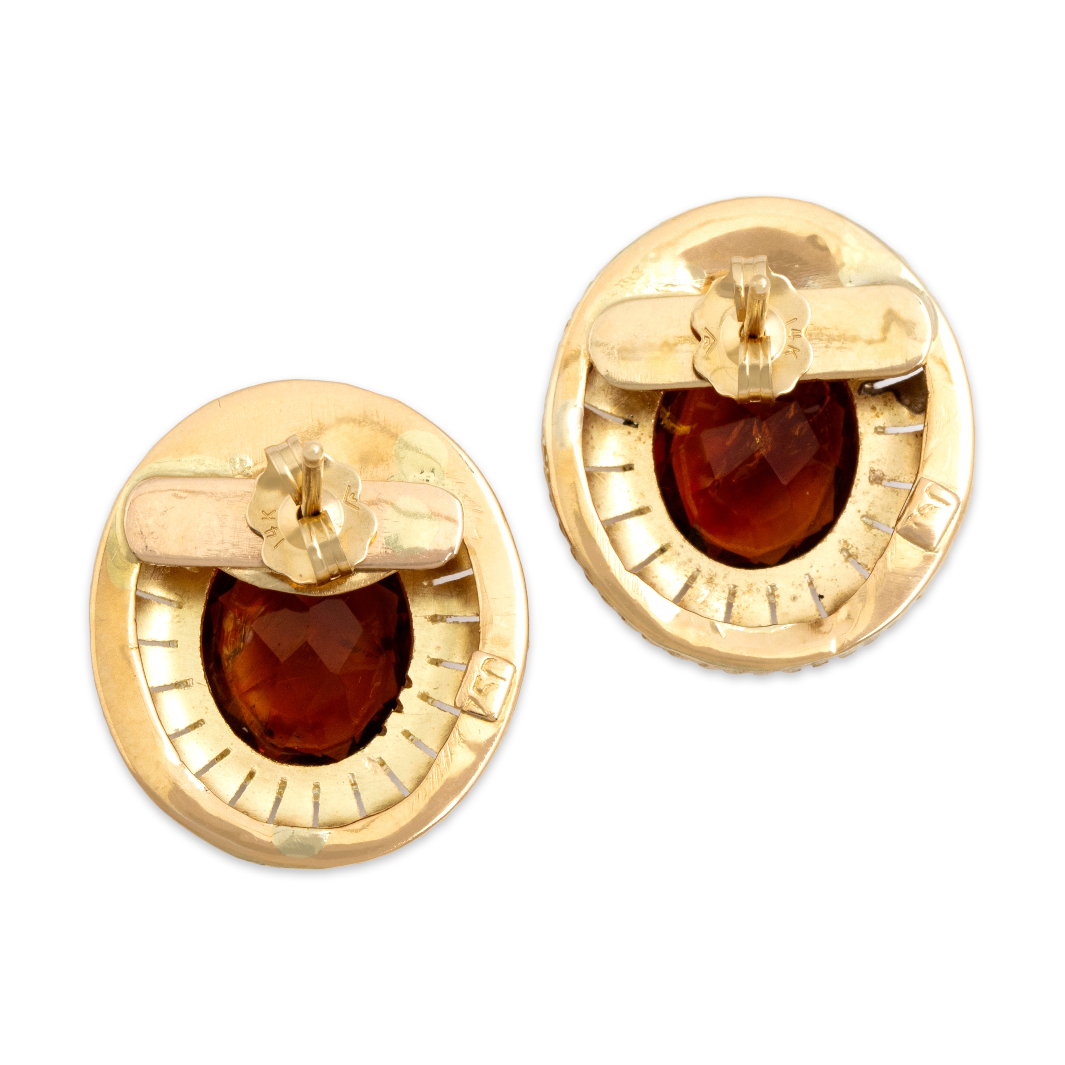 Vintage Large 14k Yellow Gold Amber Oval Foliated Pattern Stud Earrings - Back view