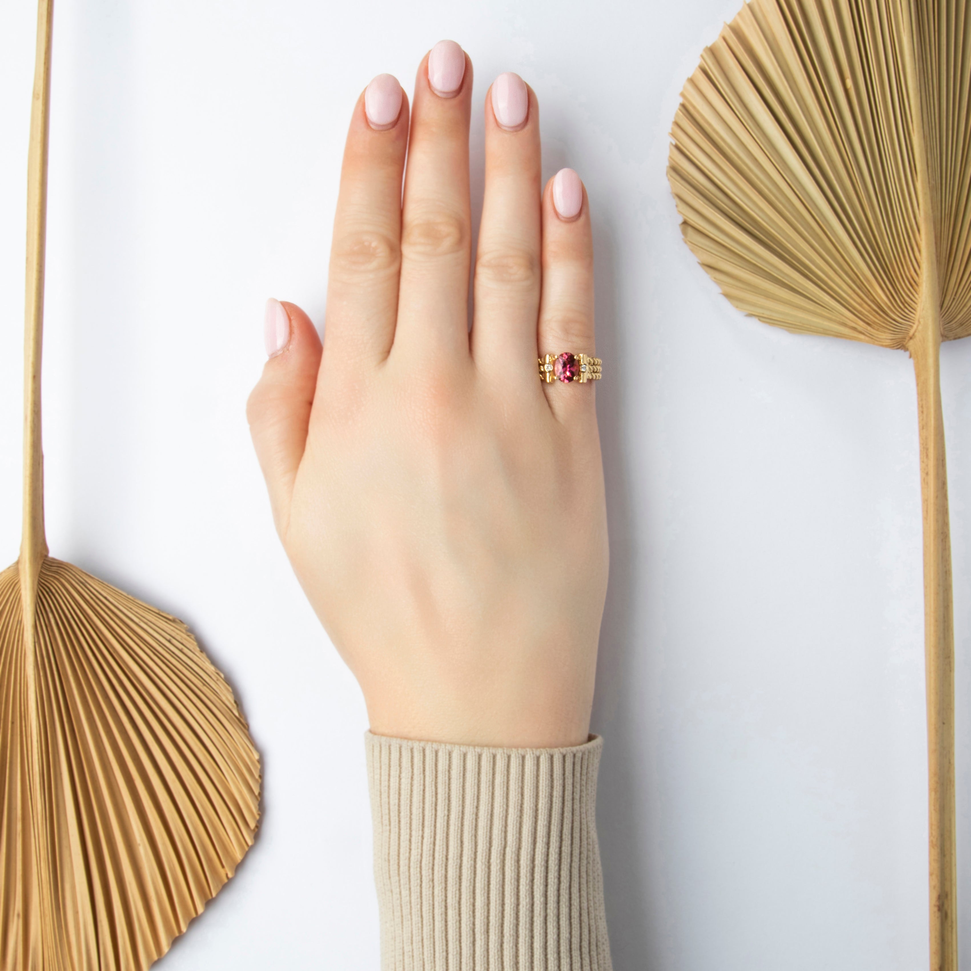 Vintage 14k Yellow Gold 1.41ct Pink Tourmaline Diamond Bright Bold Cabled Wide Band Ring - On model view