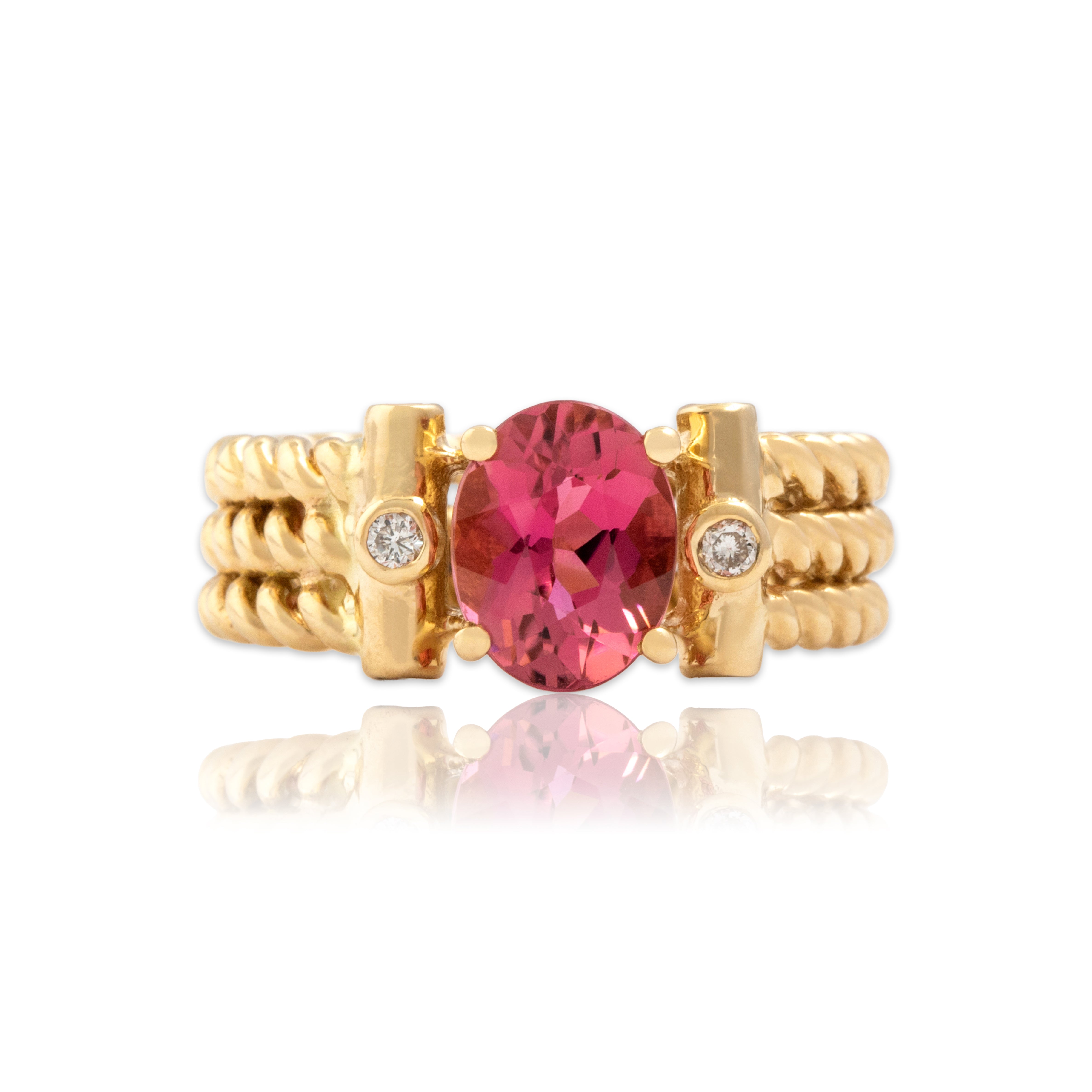 Vintage 14k Yellow Gold 1.41ct Pink Tourmaline Diamond Bright Bold Cabled Wide Band Ring - Close-up view