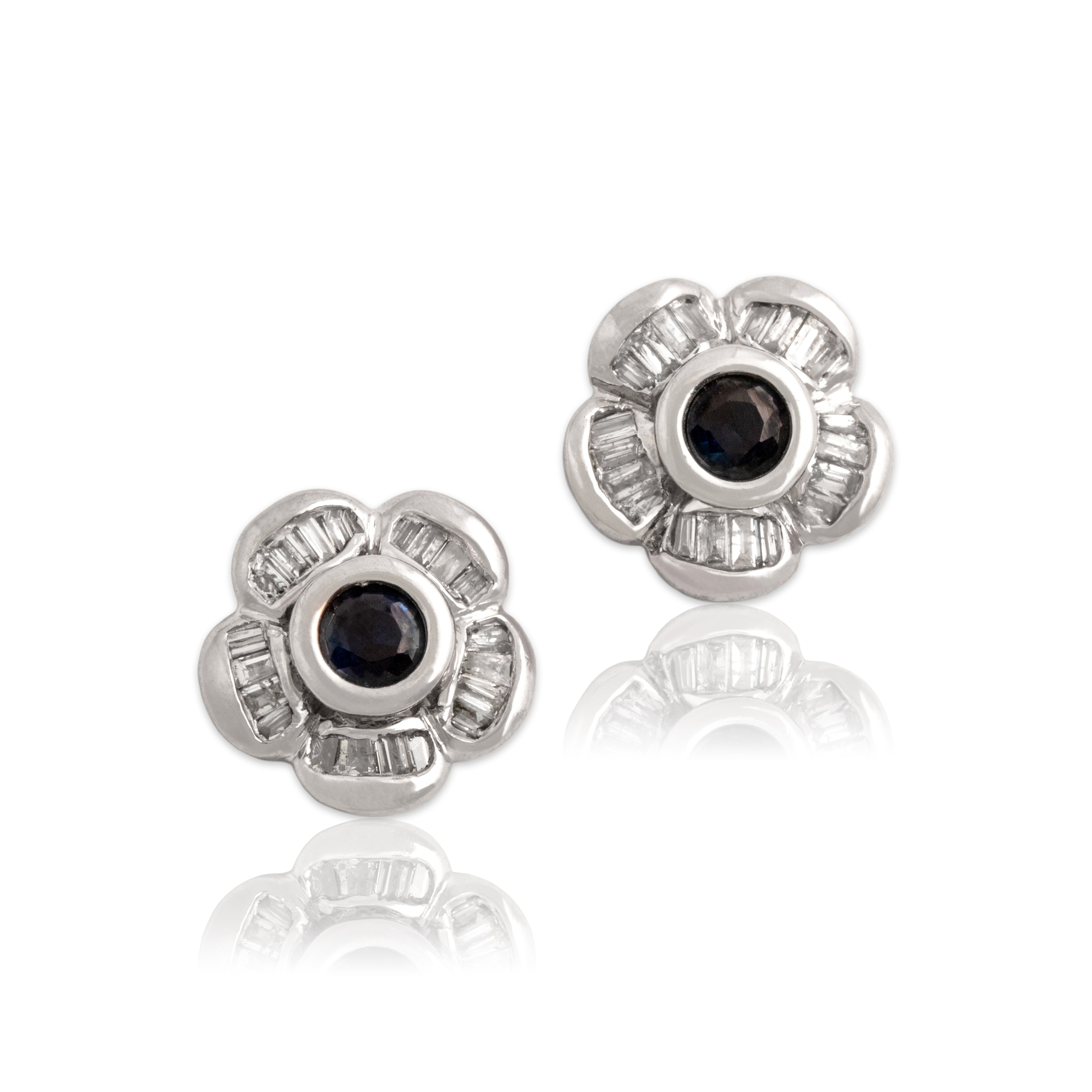 Vintage 14k White Gold Diamond Blue Sapphire Stunning Floral Stud Earrings - Close-up view