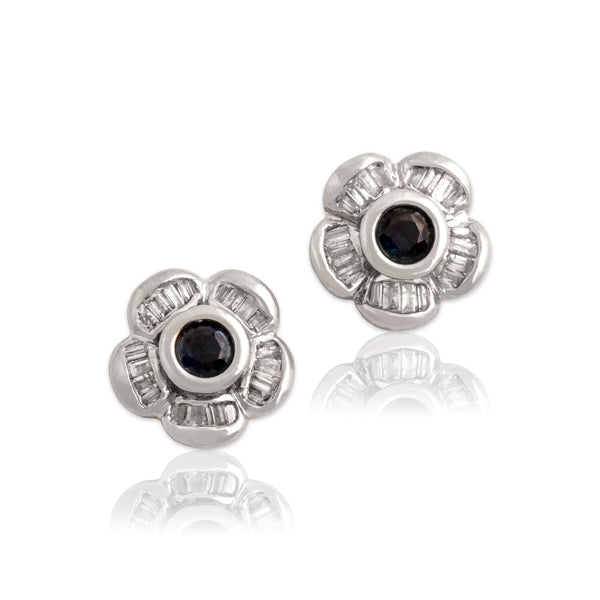 Vintage 14k White Gold Diamond Blue Sapphire Stunning Floral Stud Earrings