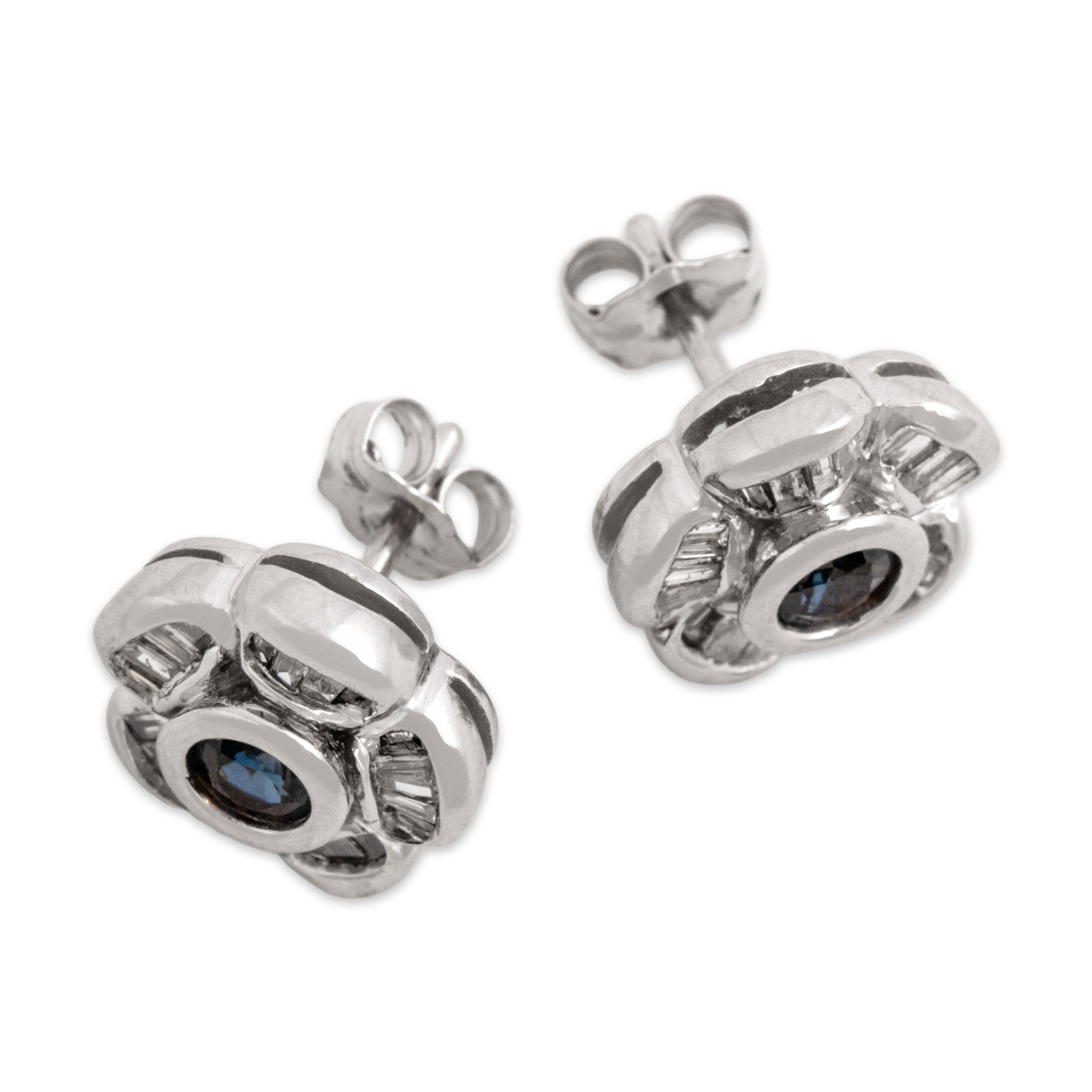 Vintage 14k White Gold Diamond Blue Sapphire Stunning Floral Stud Earrings - Overall view
