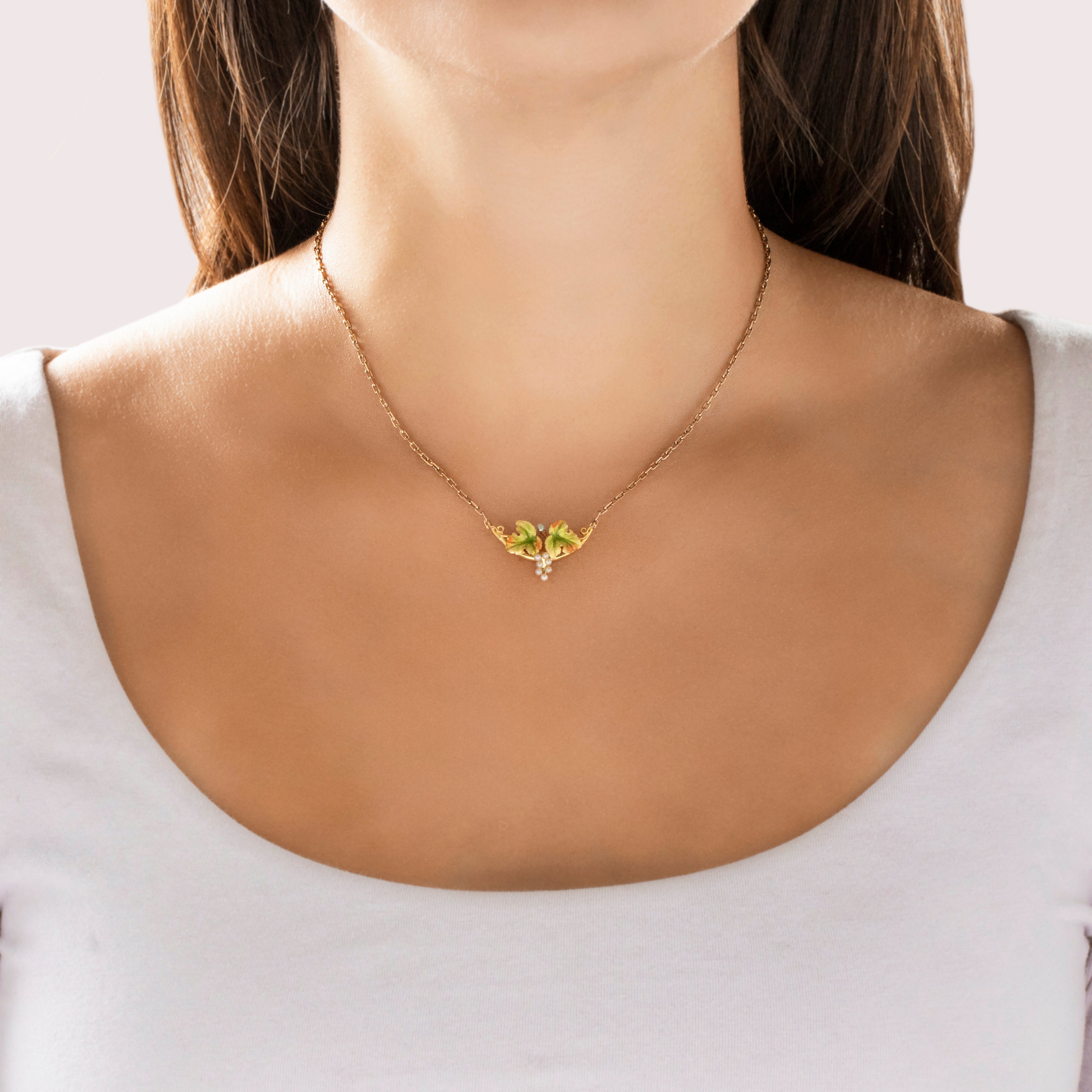 Antique Art Nouveau 14k Yellow Gold & 10k Yellow Gold Pearl Enamel Grape Vine Necklace - On model view