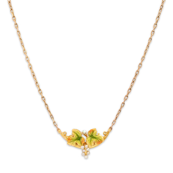 Antique Art Nouveau 14k & 10k Yellow Gold Pearl Enamel Grape Vine Necklace 15.25
