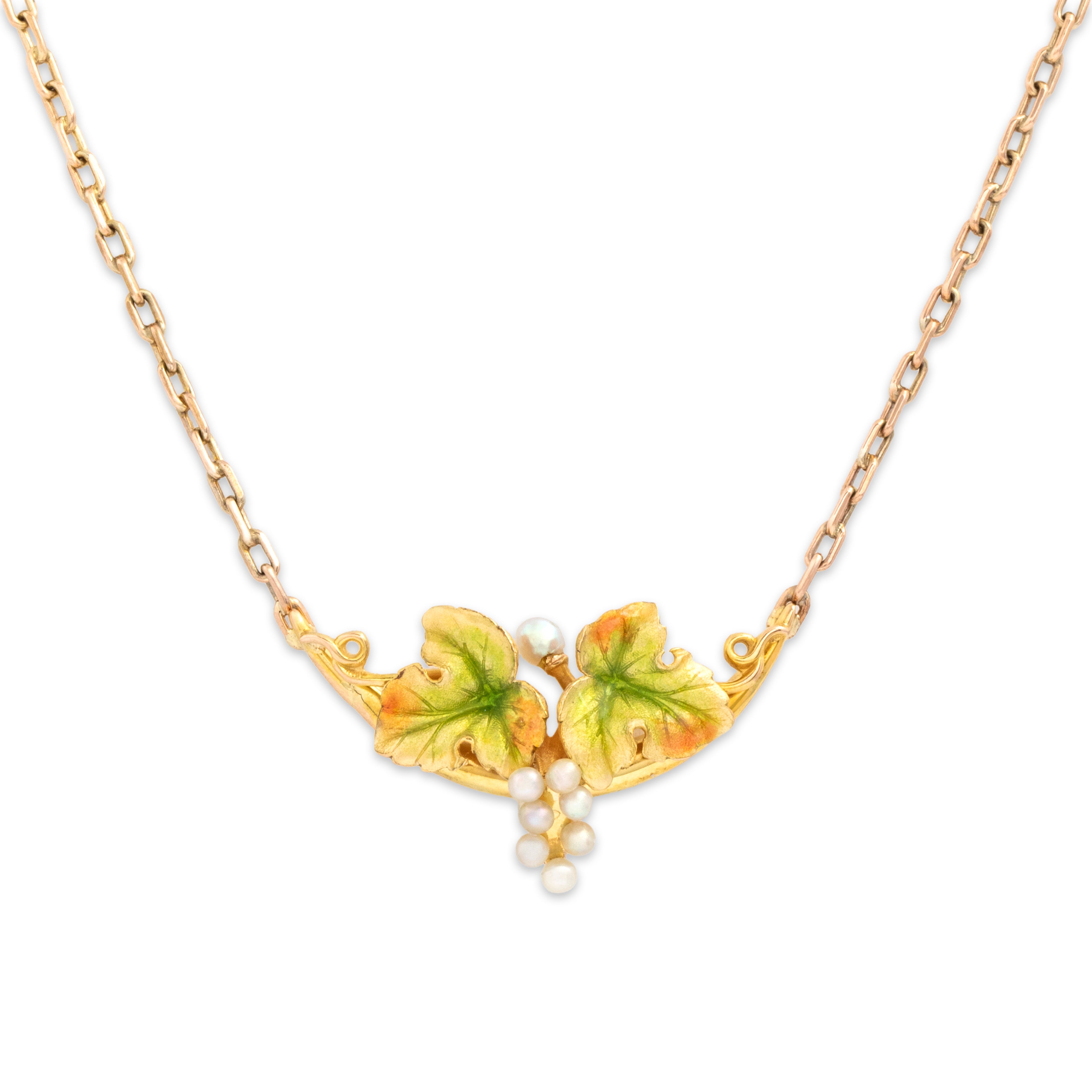 Antique Art Nouveau 14k Yellow Gold & 10k Yellow Gold Pearl Enamel Grape Vine Necklace - detail view #1