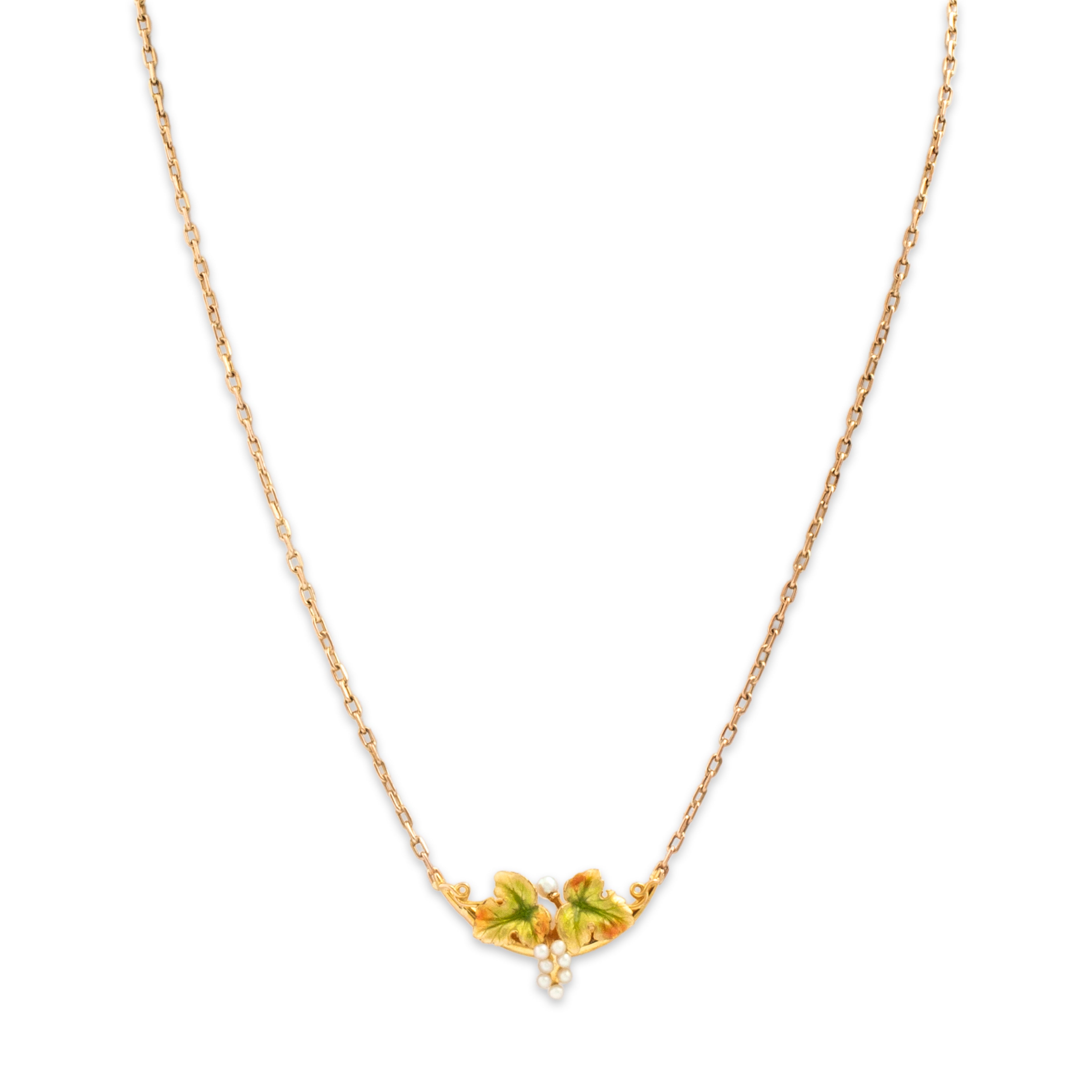 Antique Art Nouveau 14k Yellow Gold & 10k Yellow Gold Pearl Enamel Grape Vine Necklace - detail view #2