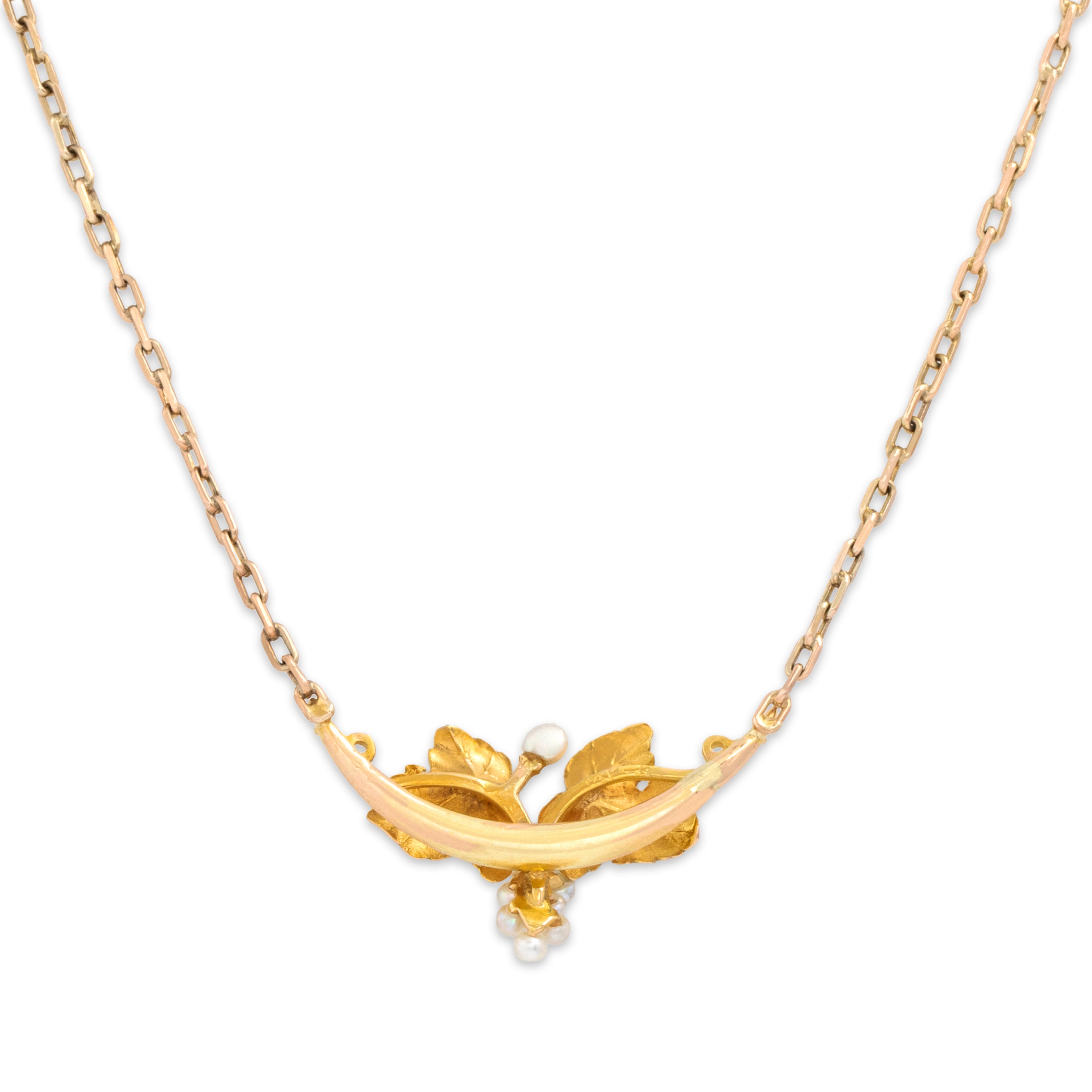 Antique Art Nouveau 14k Yellow Gold & 10k Yellow Gold Pearl Enamel Grape Vine Necklace - Back view