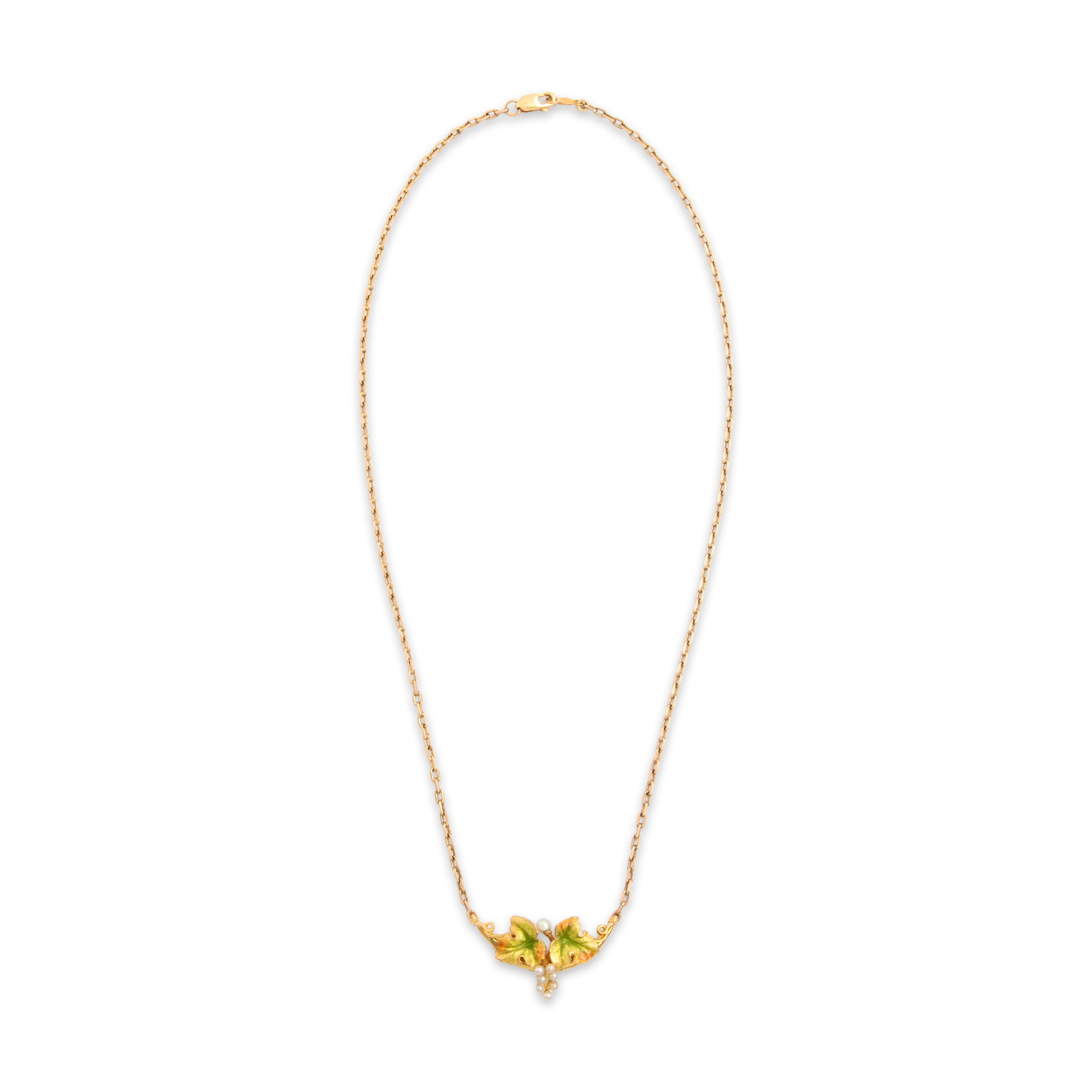 Antique Art Nouveau 14k Yellow Gold & 10k Yellow Gold Pearl Enamel Grape Vine Necklace - Overall view