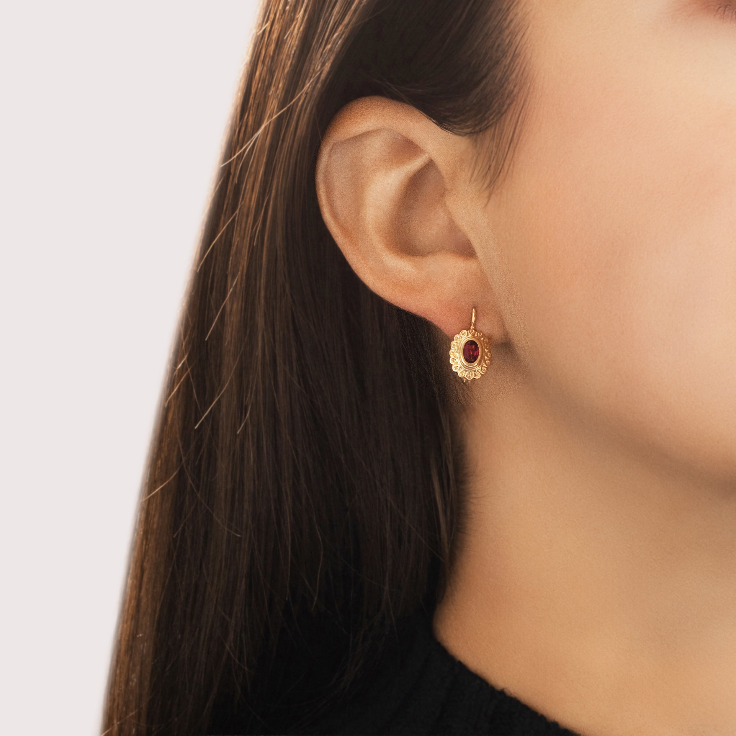 Vintage Italian 18k Yellow Gold Pink Glass Pretty Looping Frame Earrings - On model view