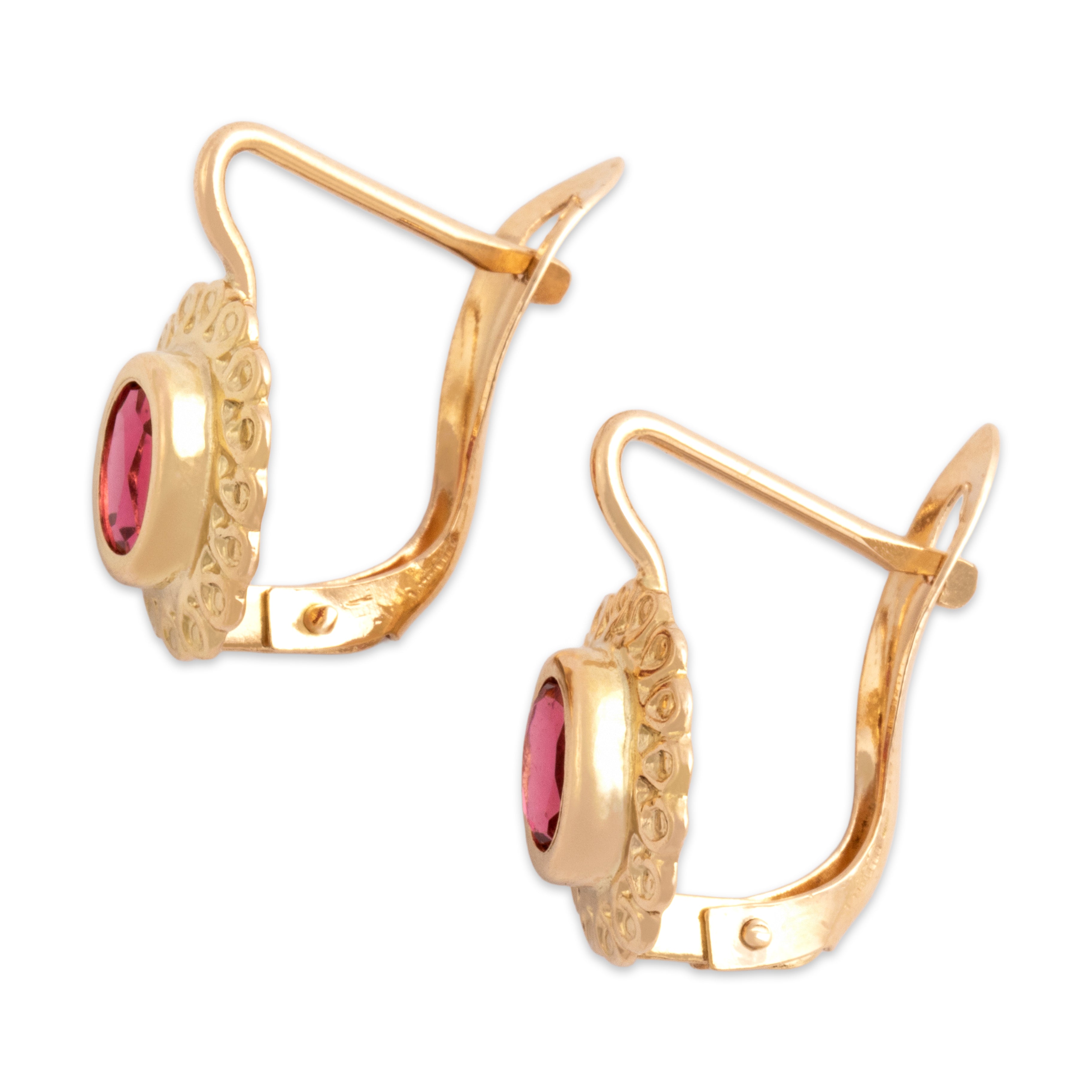 Vintage Italian 18k Yellow Gold Pink Glass Pretty Looping Frame Earrings - Side view