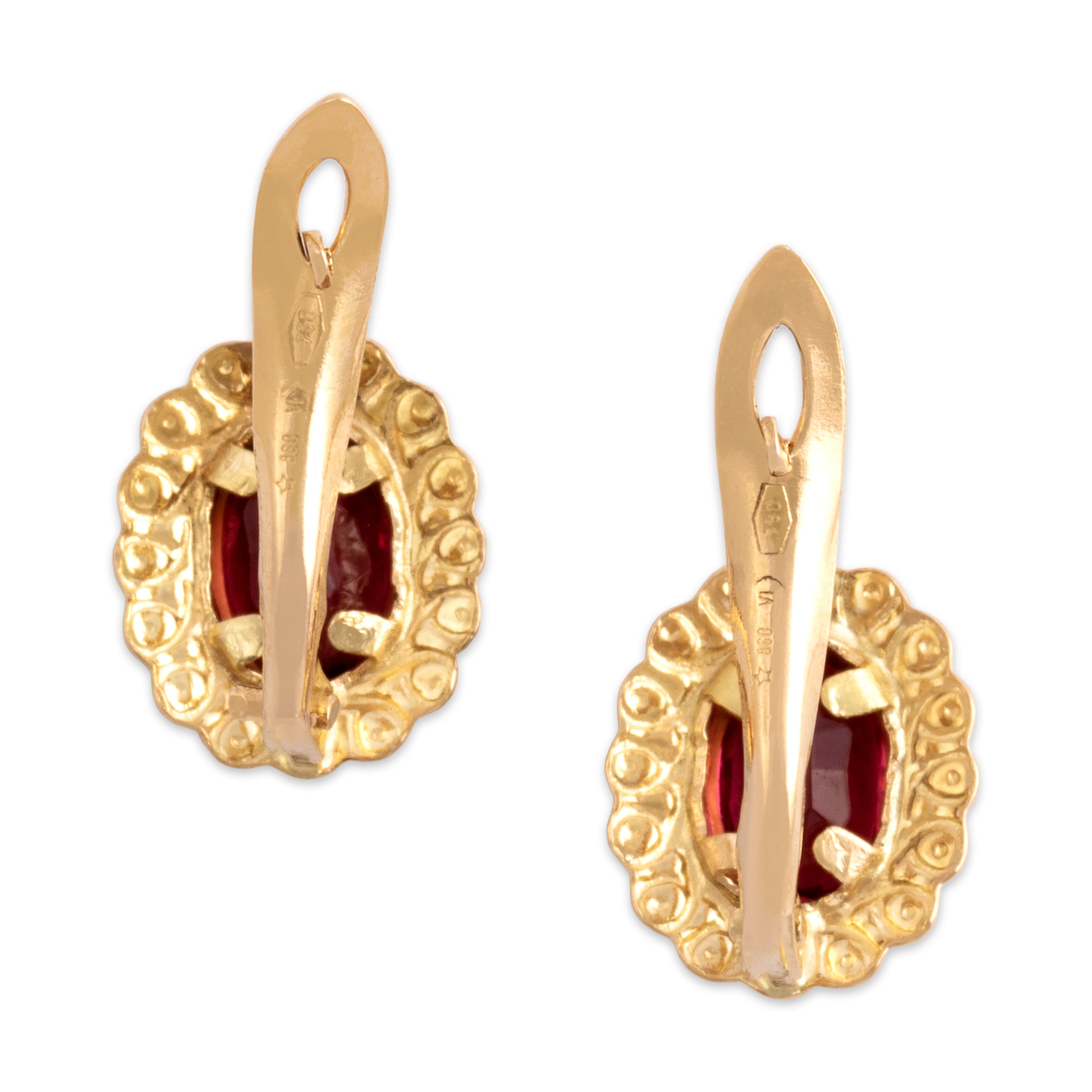Vintage Italian 18k Yellow Gold Pink Glass Pretty Looping Frame Earrings - Back view