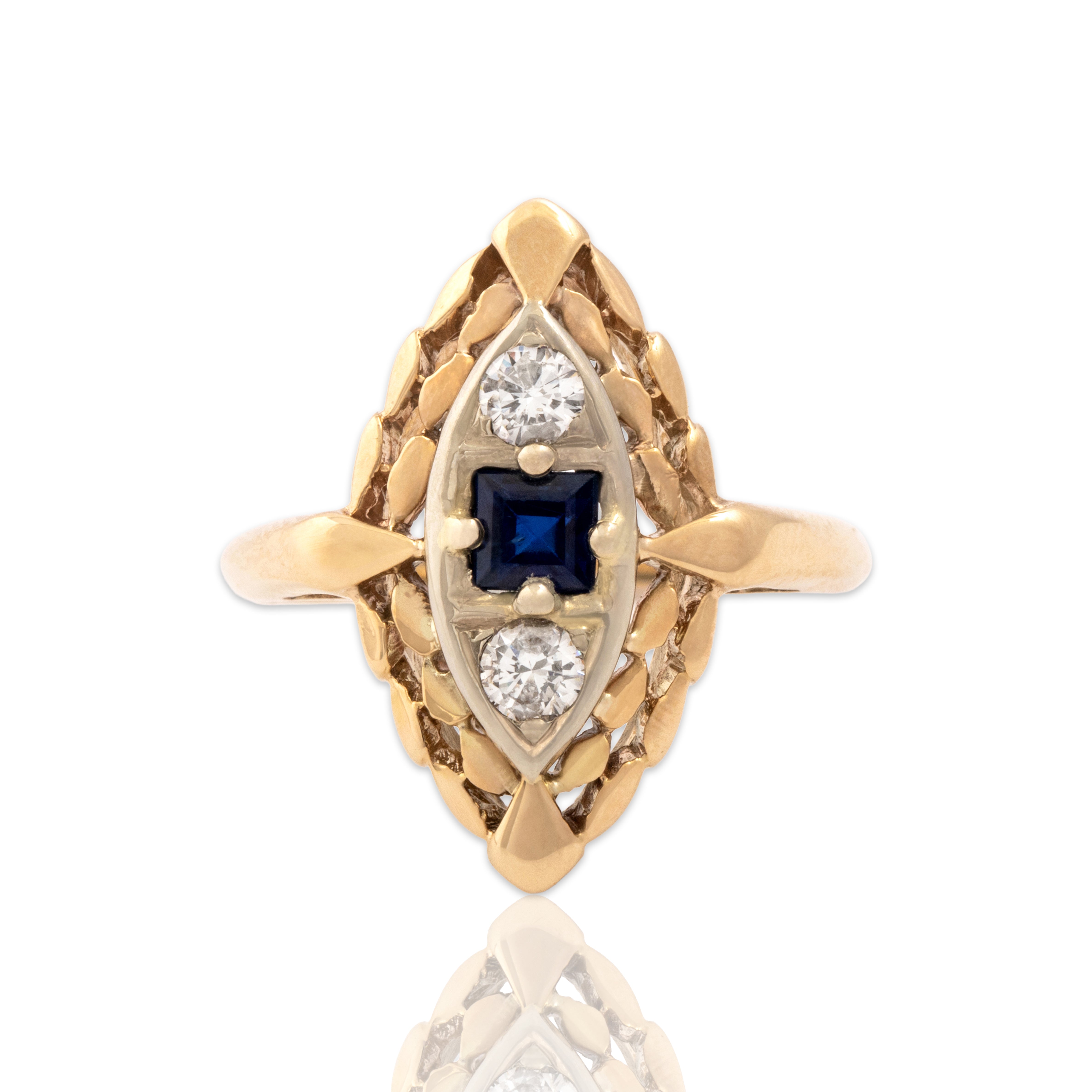 Vintage 14k Yellow & White Gold Blue Sapphire Diamond Laurel Border Ring - Close-up view