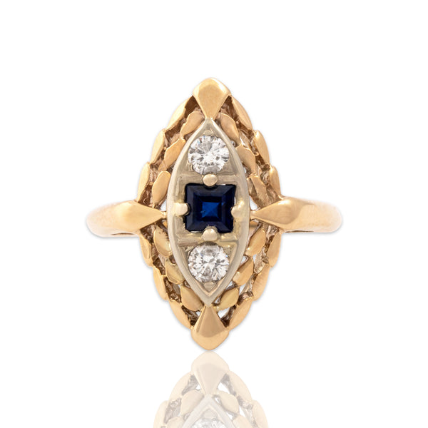 Vintage 14k Yellow & White Gold Blue Sapphire Diamond Laurel Border Ring 7.50