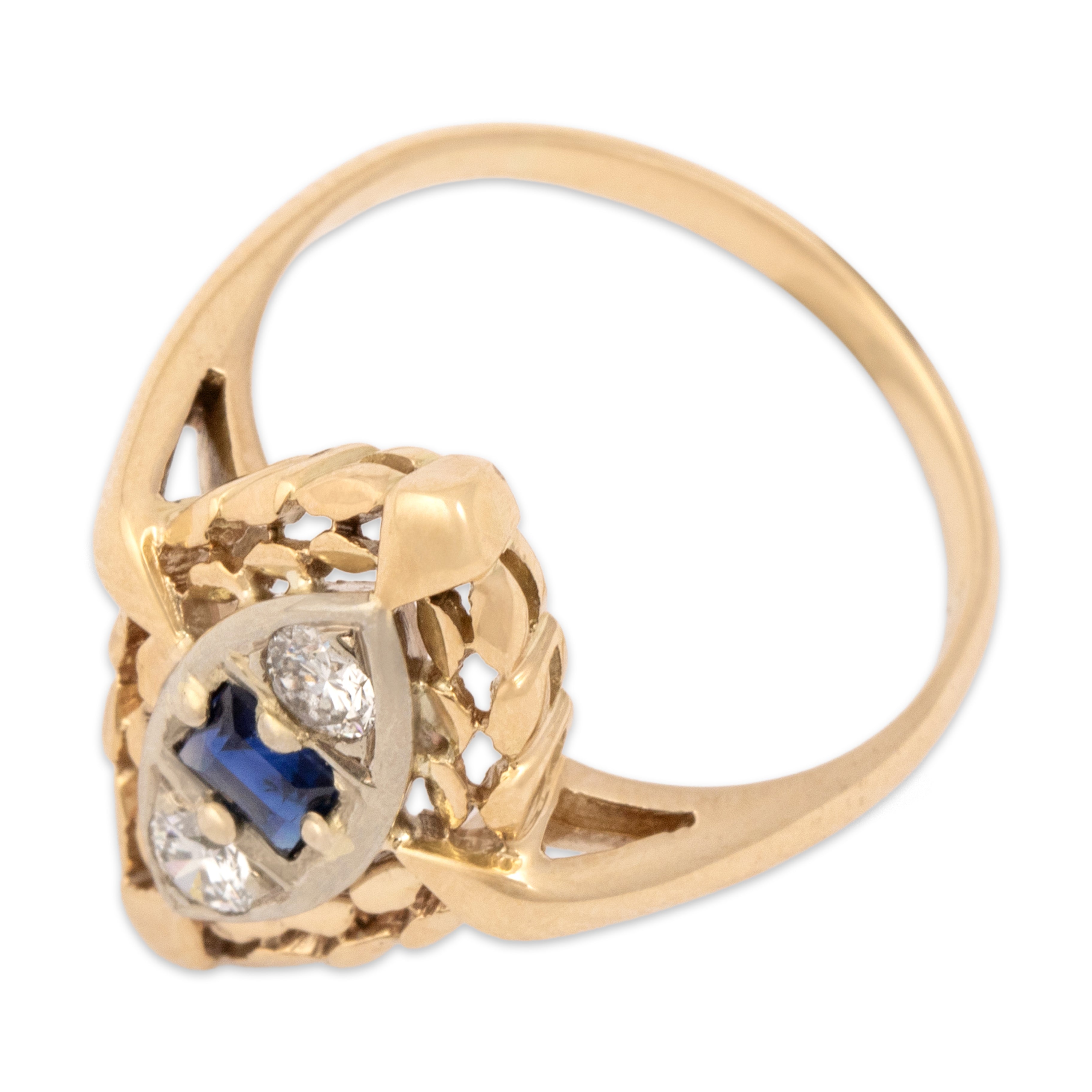 Vintage 14k Yellow & White Gold Blue Sapphire Diamond Laurel Border Ring - Overall view