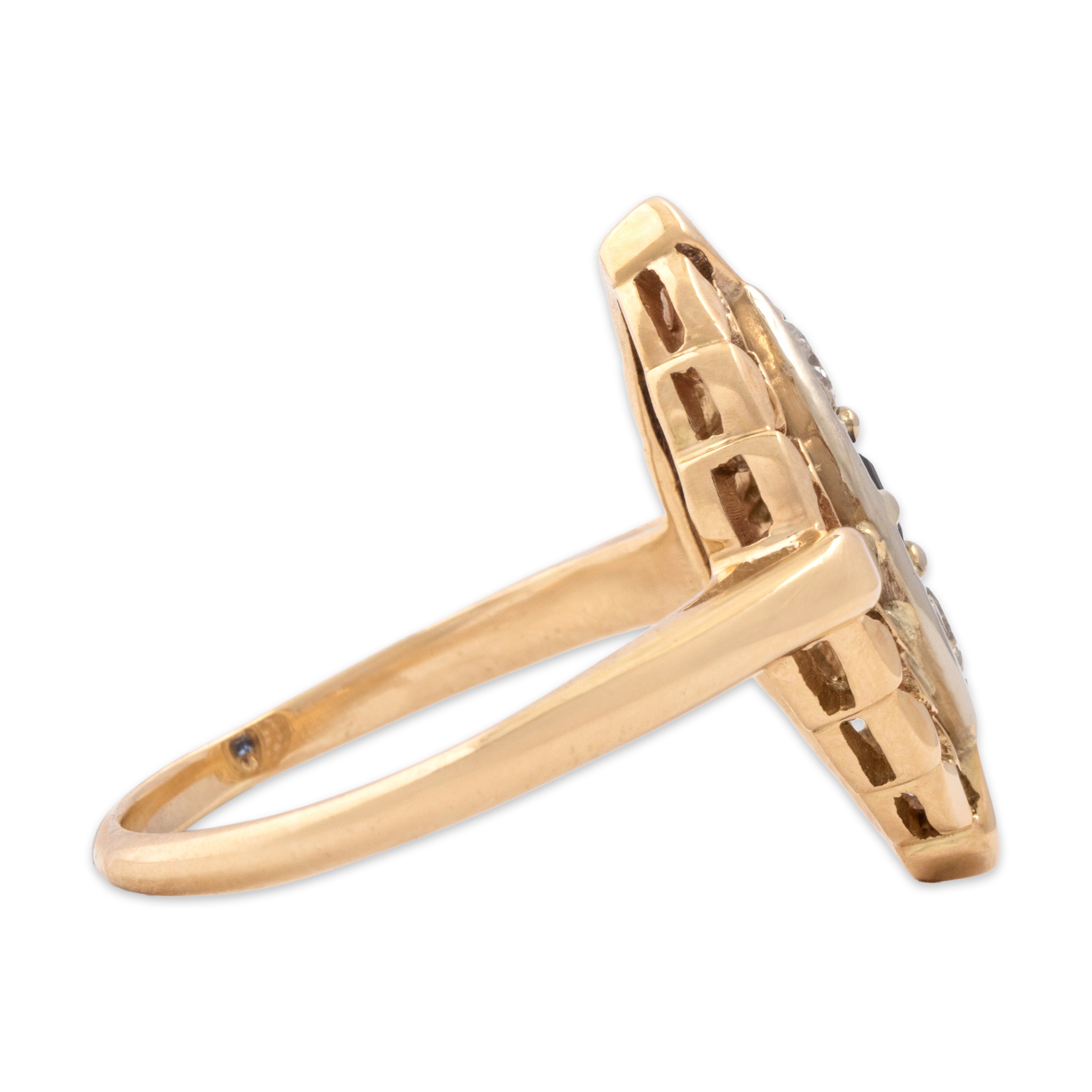 Vintage 14k Yellow & White Gold Blue Sapphire Diamond Laurel Border Ring - Side view