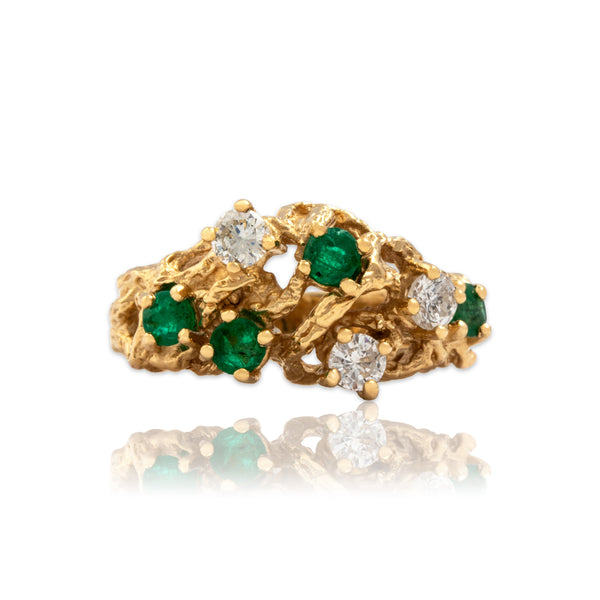 Vintage 14k Yellow Gold .67cttw Diamond .5cttw Emerald Brutalist Branched Ring 6.00