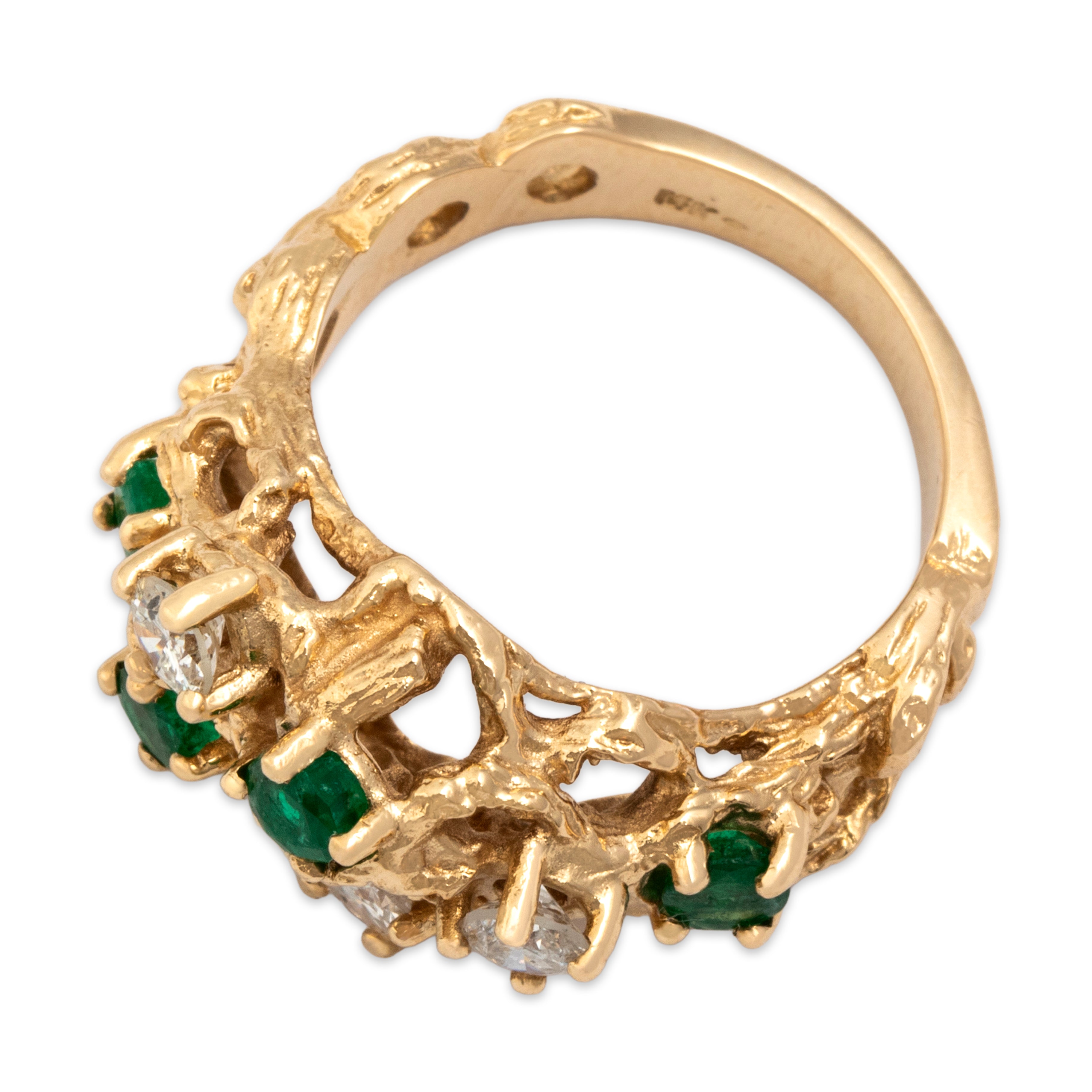 Vintage 14k Yellow Gold .67cttw Diamond .5cttw Emerald Bold Brutalist Branching Scatter Ring - Overall view
