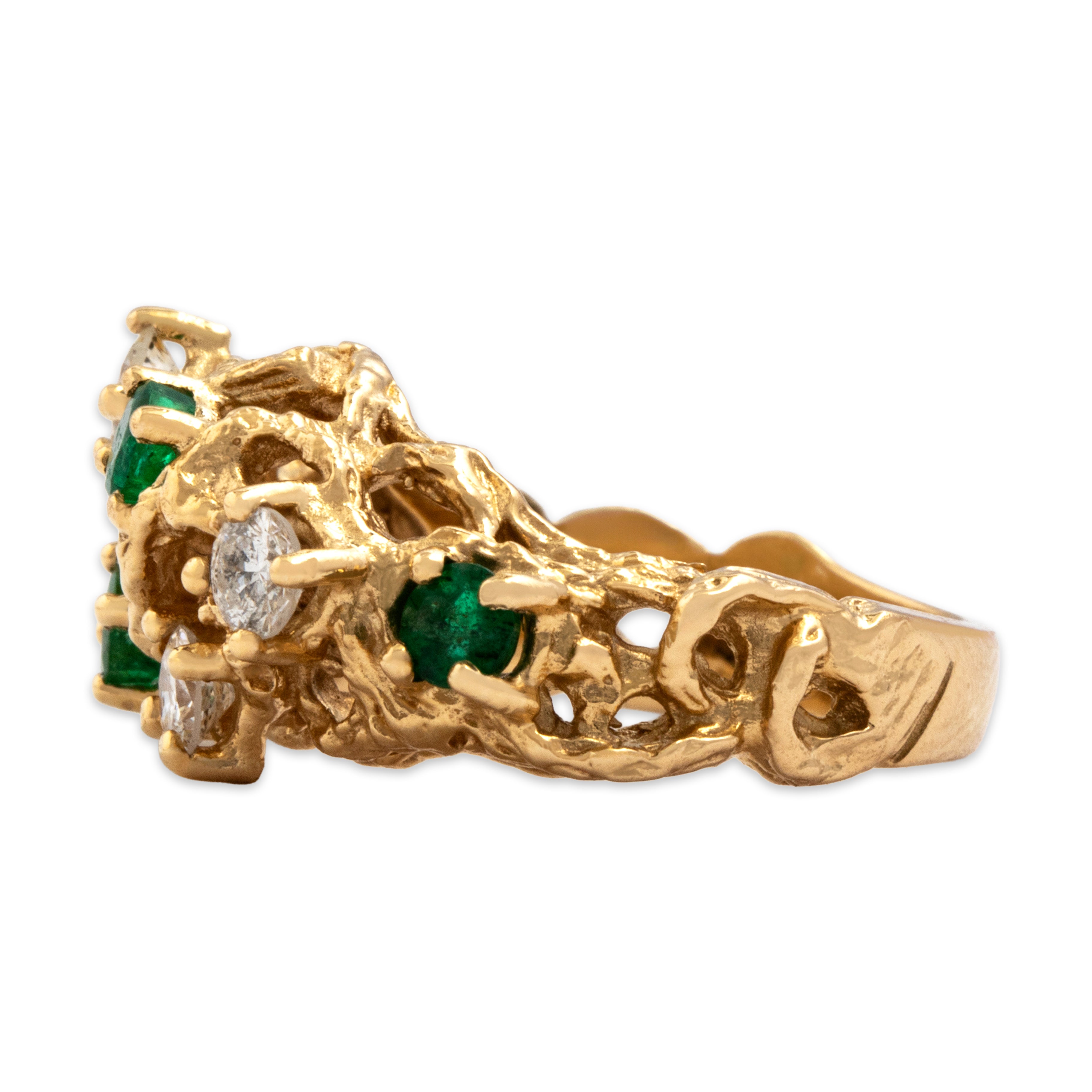 Vintage 14k Yellow Gold .67cttw Diamond .5cttw Emerald Bold Brutalist Branching Scatter Ring - Side view