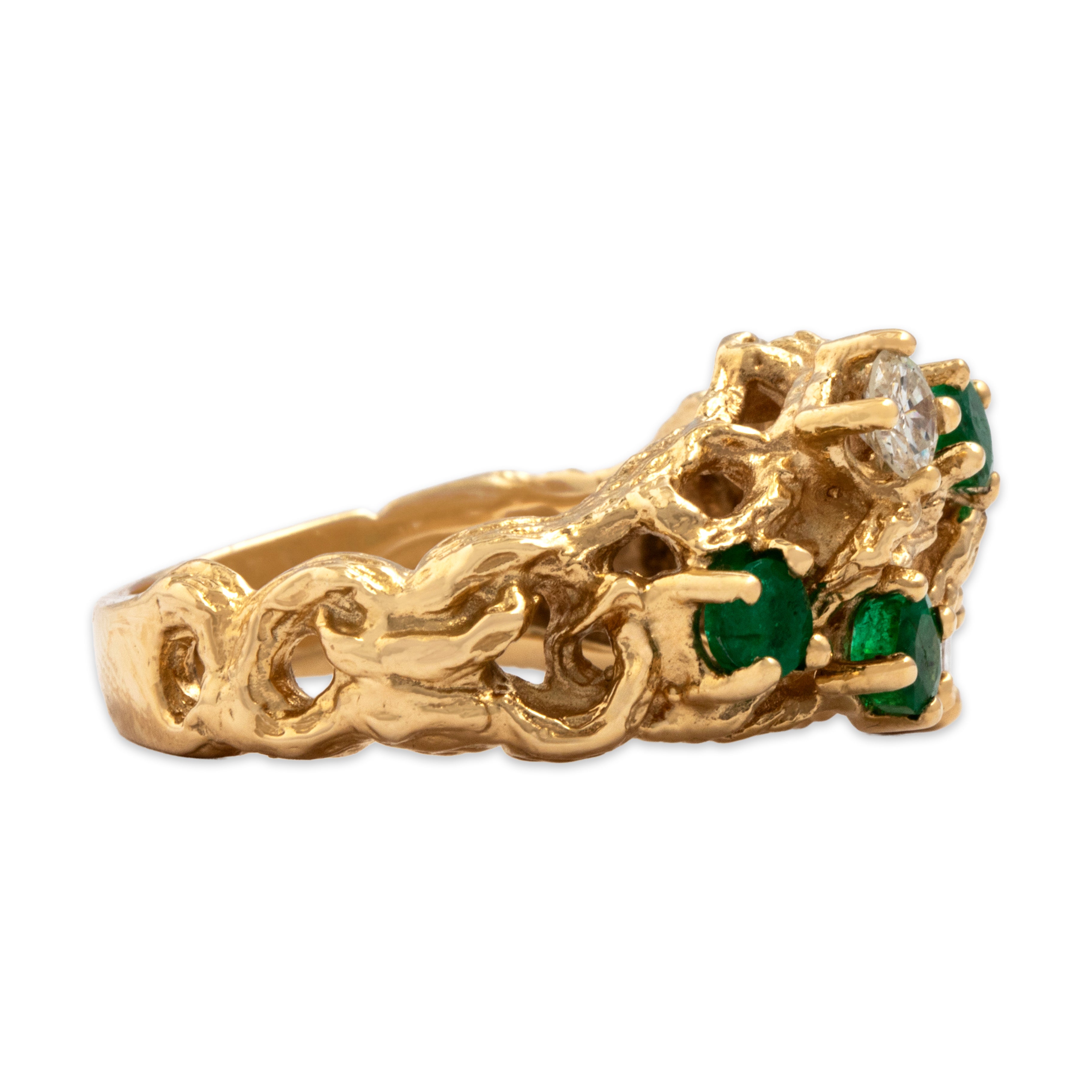 Vintage 14k Yellow Gold .67cttw Diamond .5cttw Emerald Bold Brutalist Branching Scatter Ring - Side view