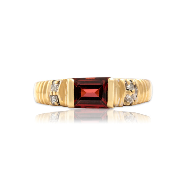 Vintage 14k Yellow Gold 1.23ct Garnet Diamond Fabulous Ribbed Shoulder Ring 6.5