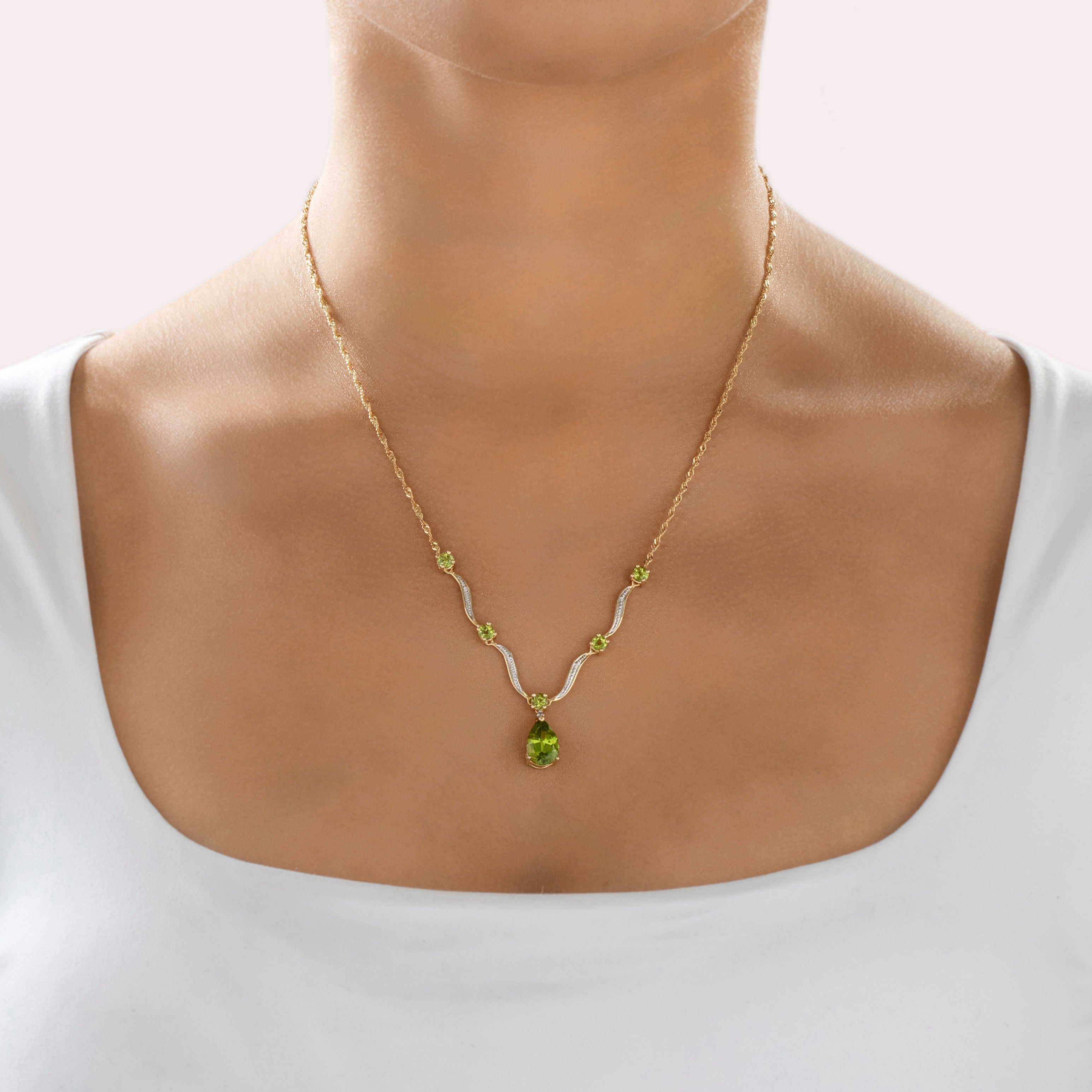 Vintage 14k Yellow & White Gold 4.43cttw Peridot Diamond Splendid Glittering Pear Drop Necklace - On model view