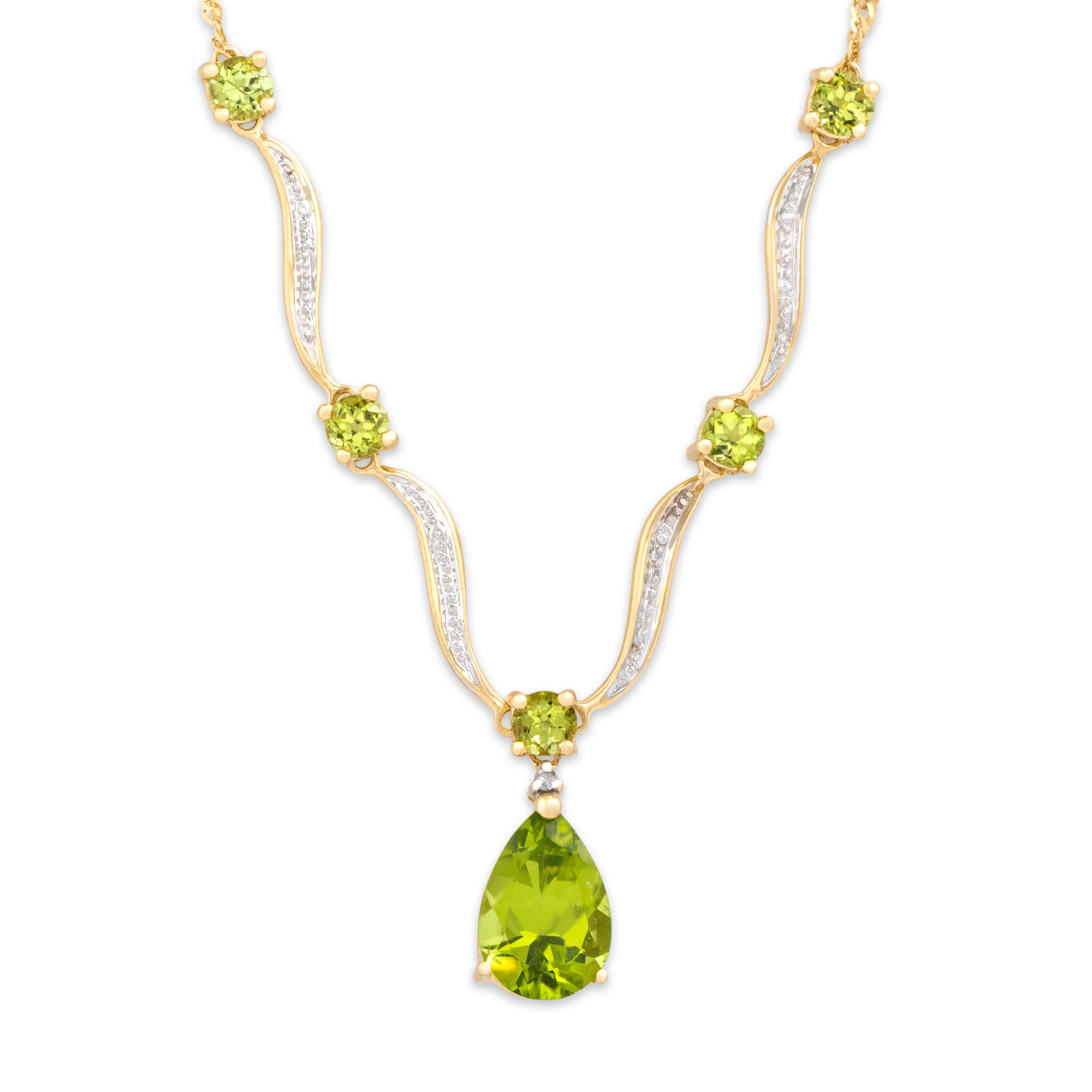 Vintage 14k Yellow & White Gold 4.43cttw Peridot Diamond Splendid Glittering Pear Drop Necklace - detail view #2